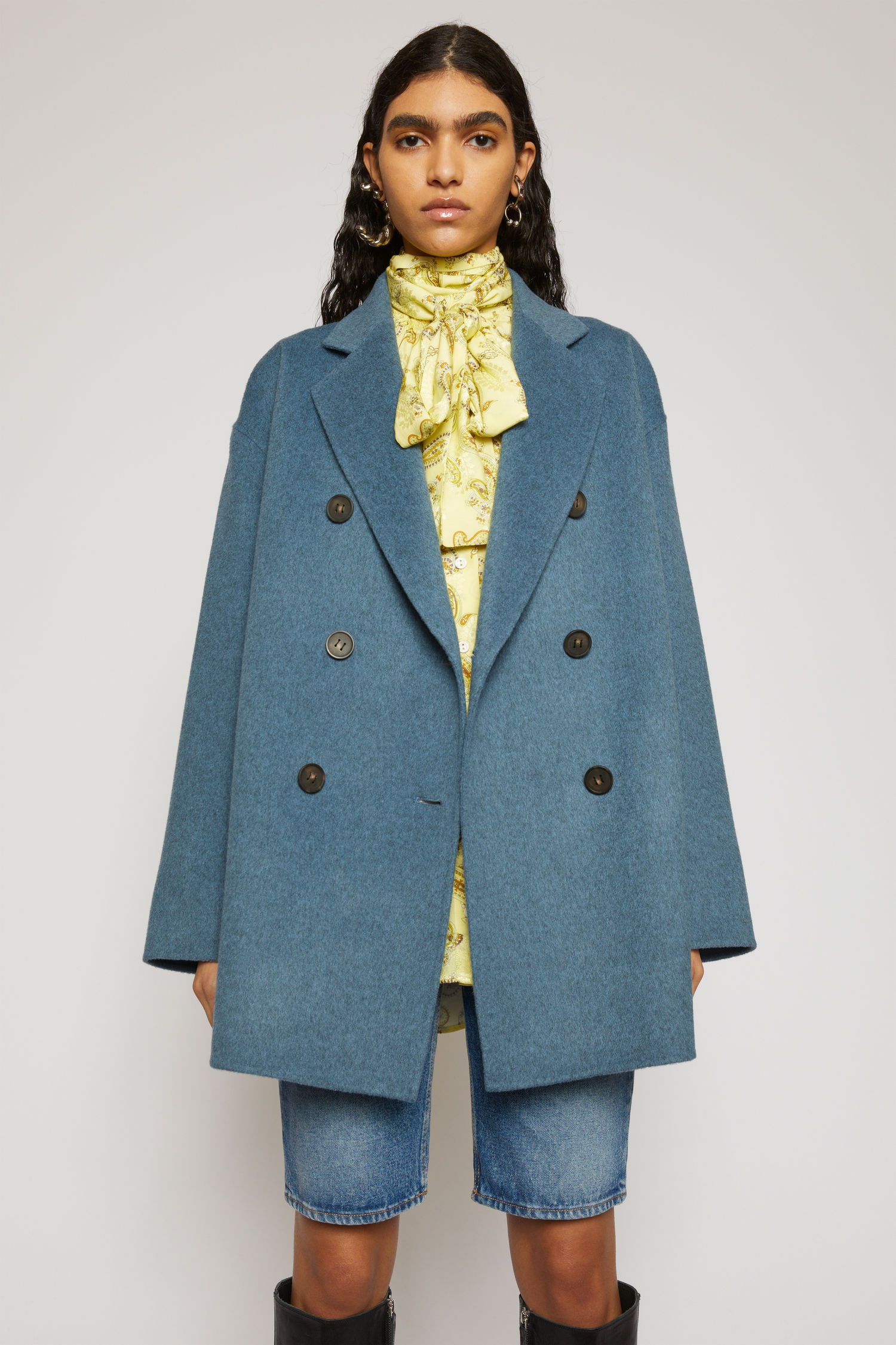 Double-breasted wool coat aqua blue melange - 5