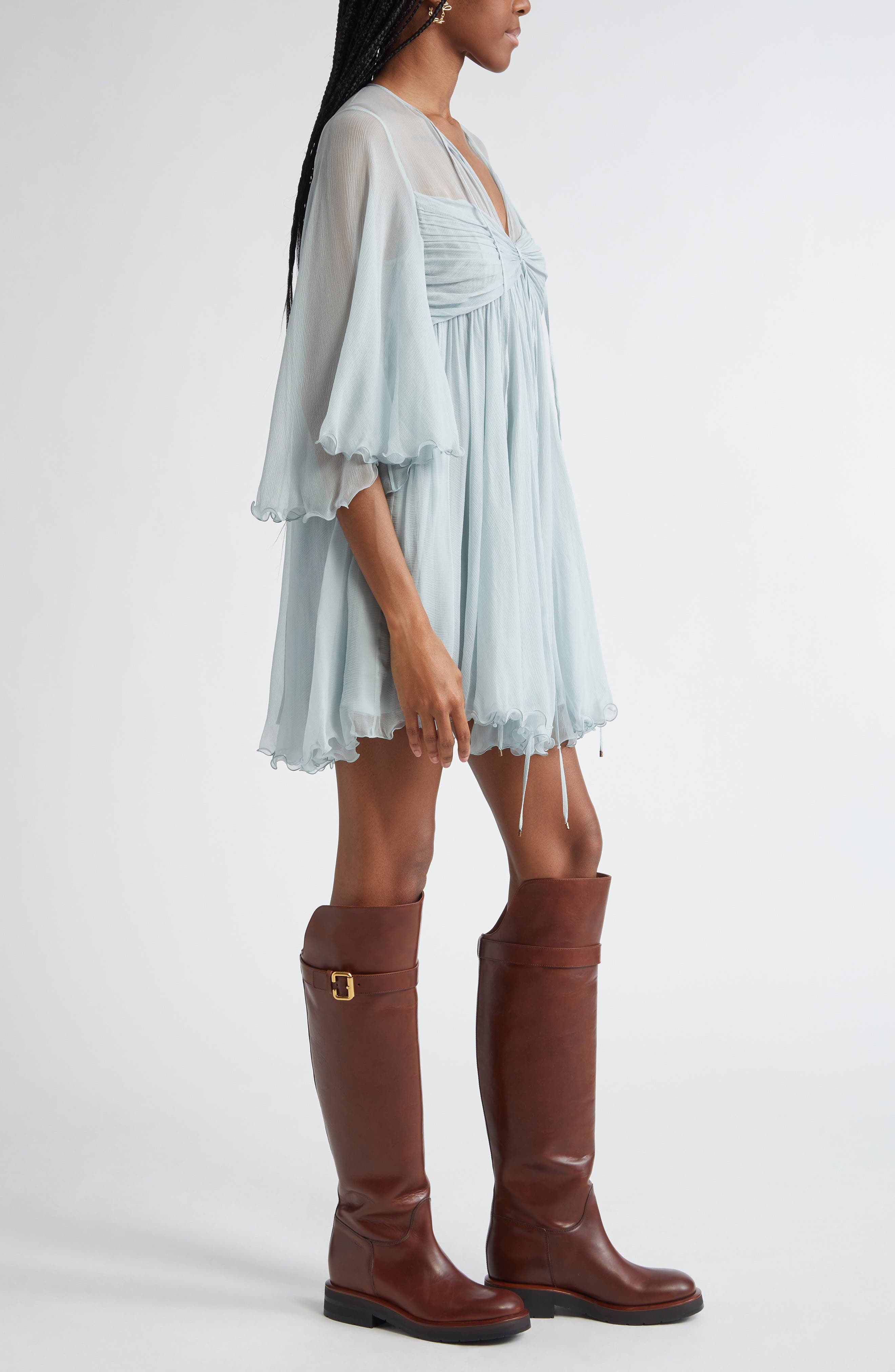 Chloé Pleated Silk Mousseline Babydoll Dress in Airy Grey at Nordstrom - 3