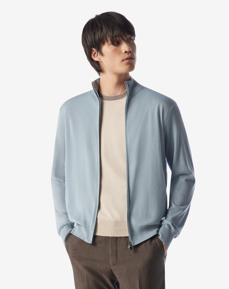 CORNELIANI Light blue silk and cashmere full zip knitwear outlook