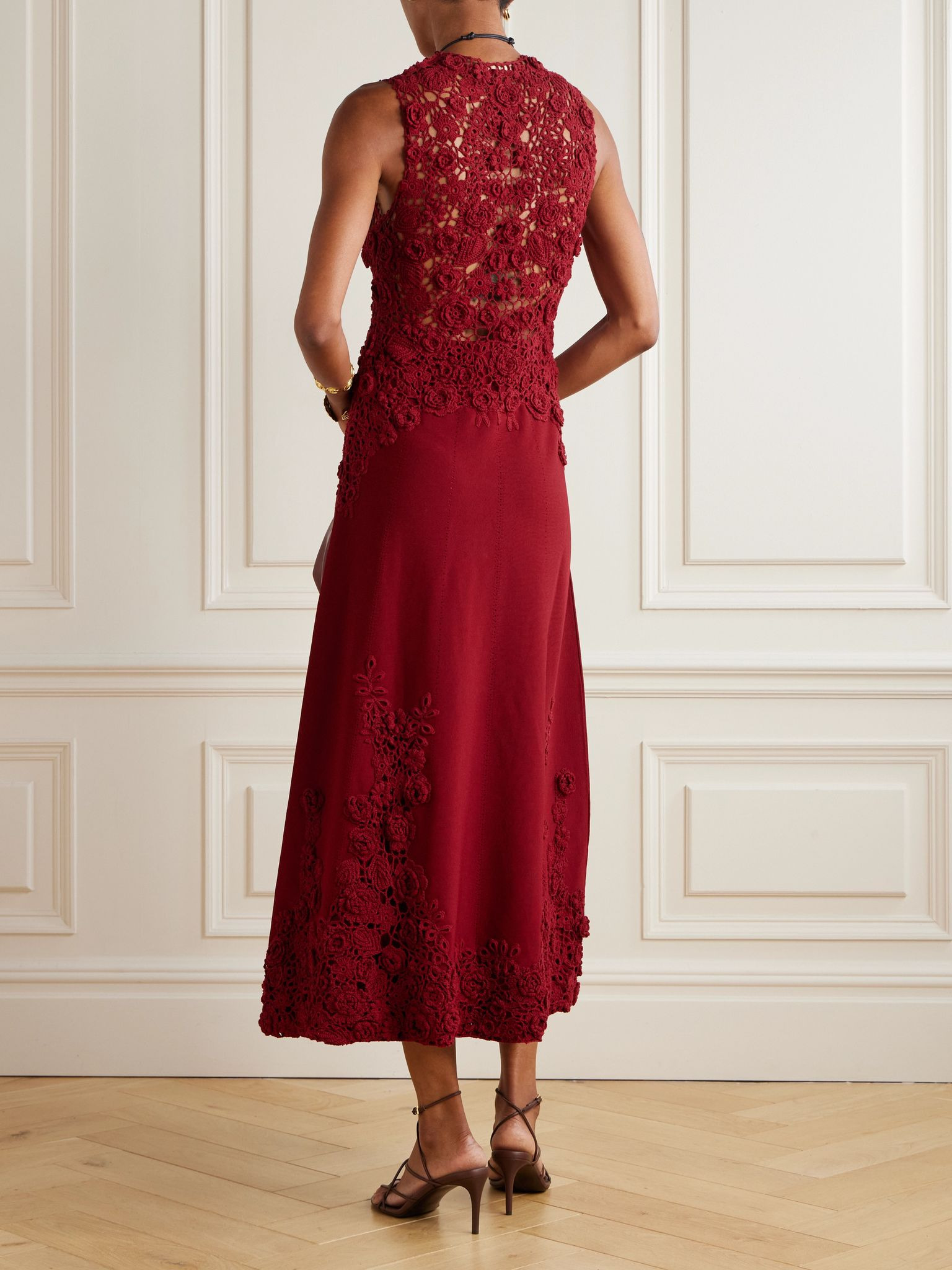 Genoveva crocheted lace-trimmed cotton-blend midi dress Burgundy - 3