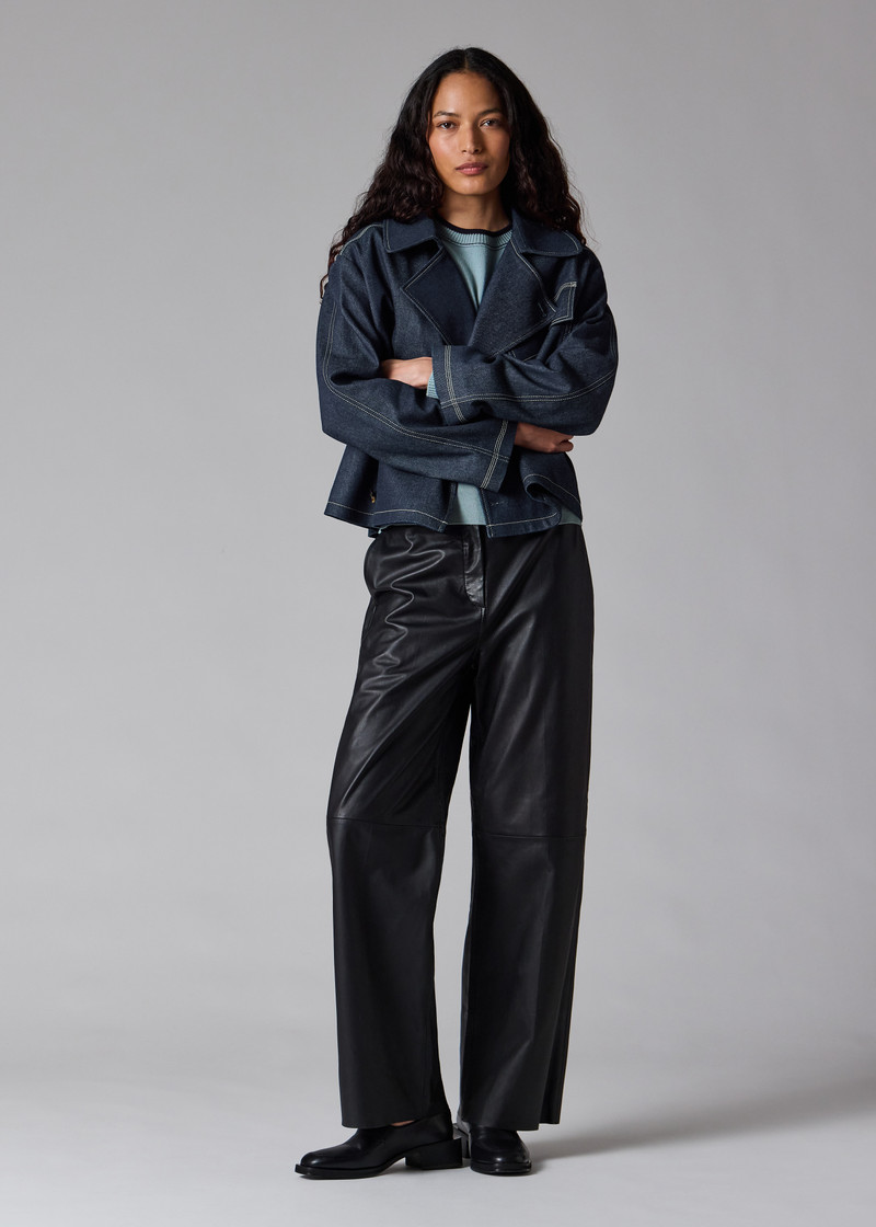 Denim Cotton-Blend Cropped Asymmetric Jacket with Topstitching 6