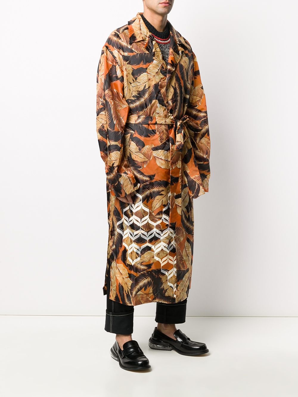 leaf-print belted trench coat - 3
