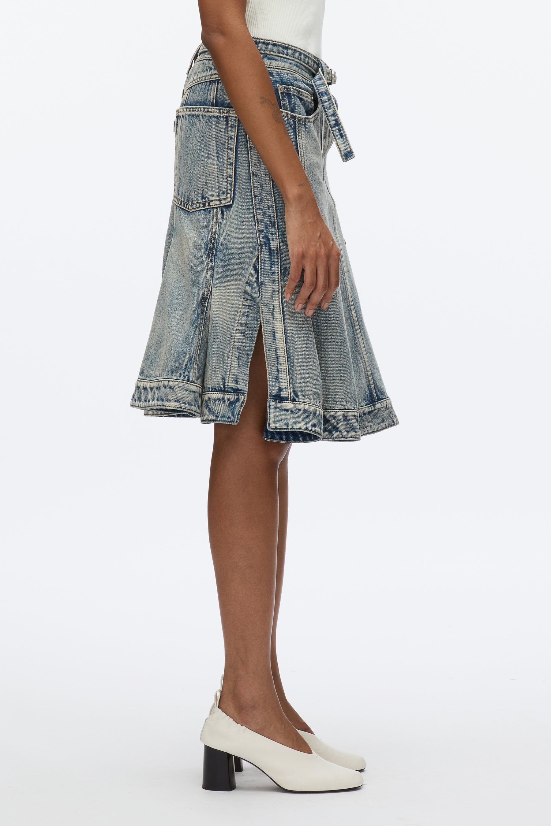 Flounce Hem Belted Denim Skirt - 3
