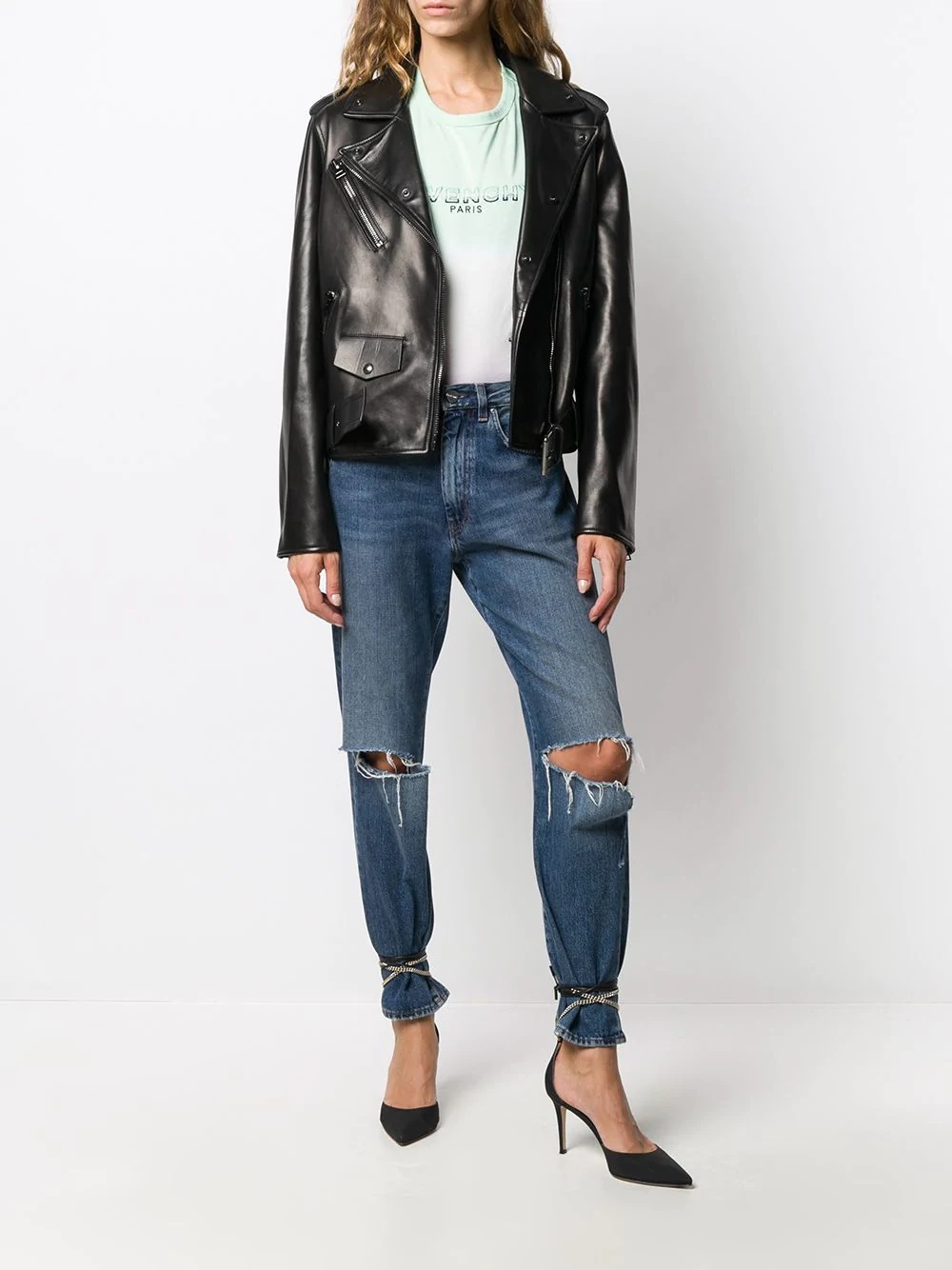 removable shearling collar biker jacket - 6