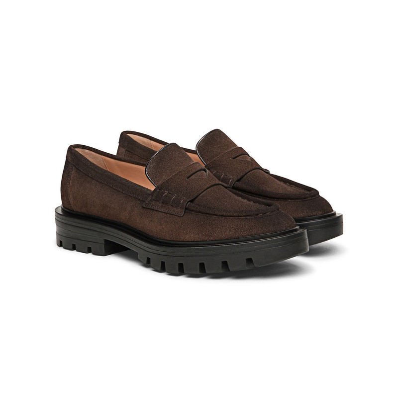 Santoni Women's dark brown suede penny loafer outlook