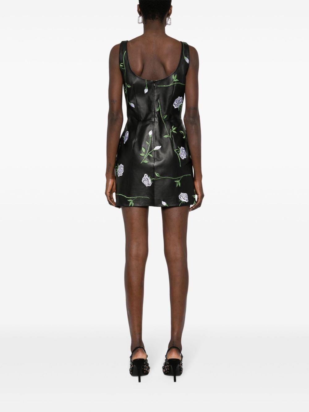 floral-embroidered leather mini dress - 4