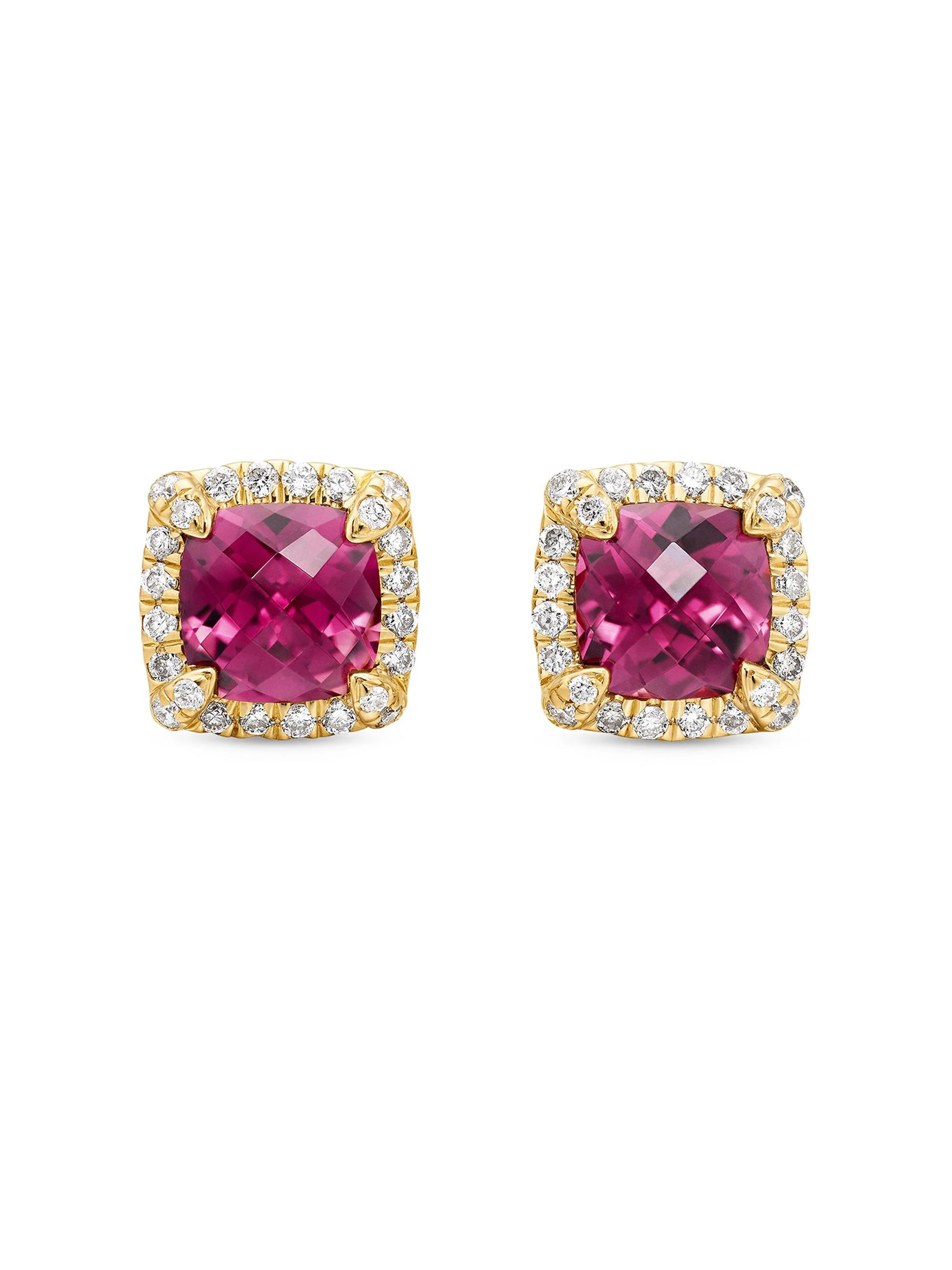 Women's Petite Chatelaine Pavé Bezel Stud Earrings in 18K Yellow Gold - Pink Tourmaline - 1