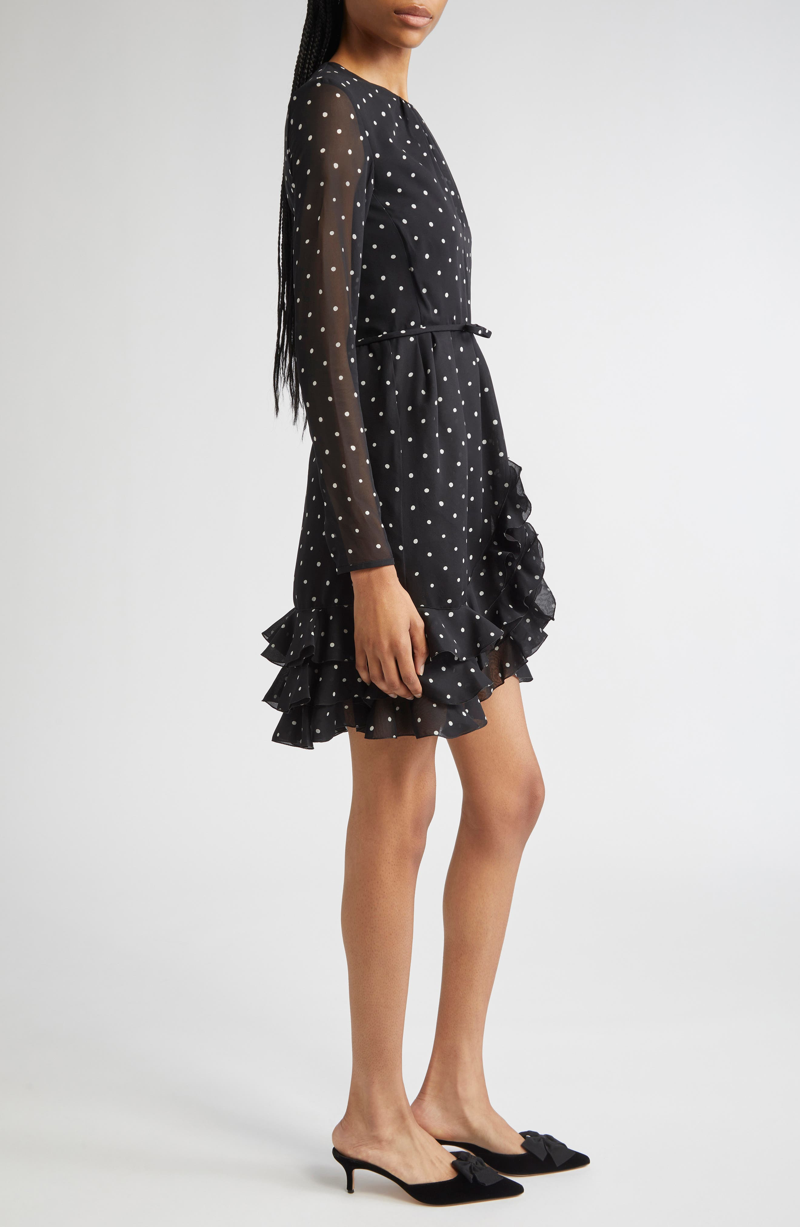 Giambattista Valli Polka Dot Ruffle Hem Long Sleeve Silk Dress in Black at Nordstrom - 3
