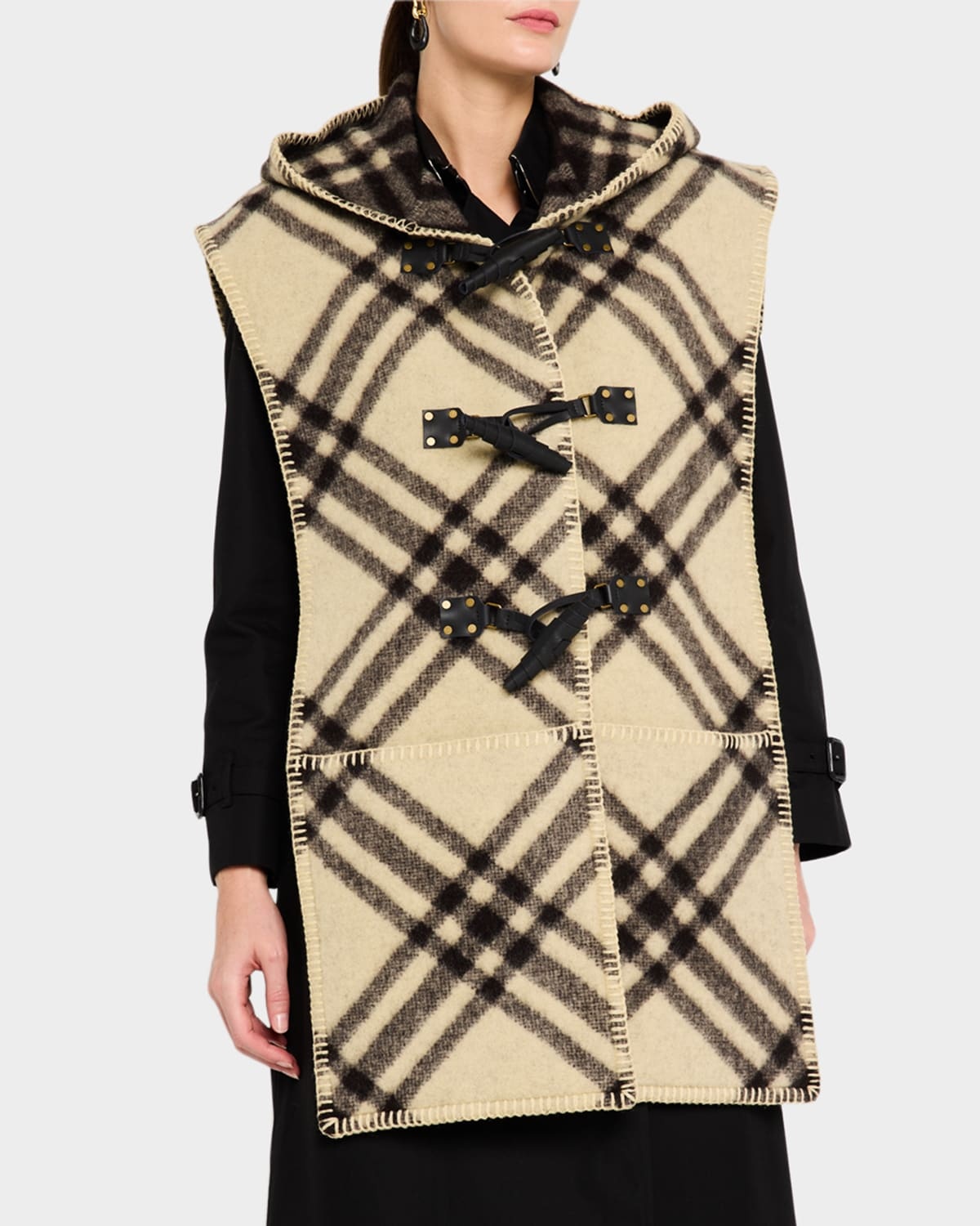 Calf Leather Check-Print Hooded Cape - 4