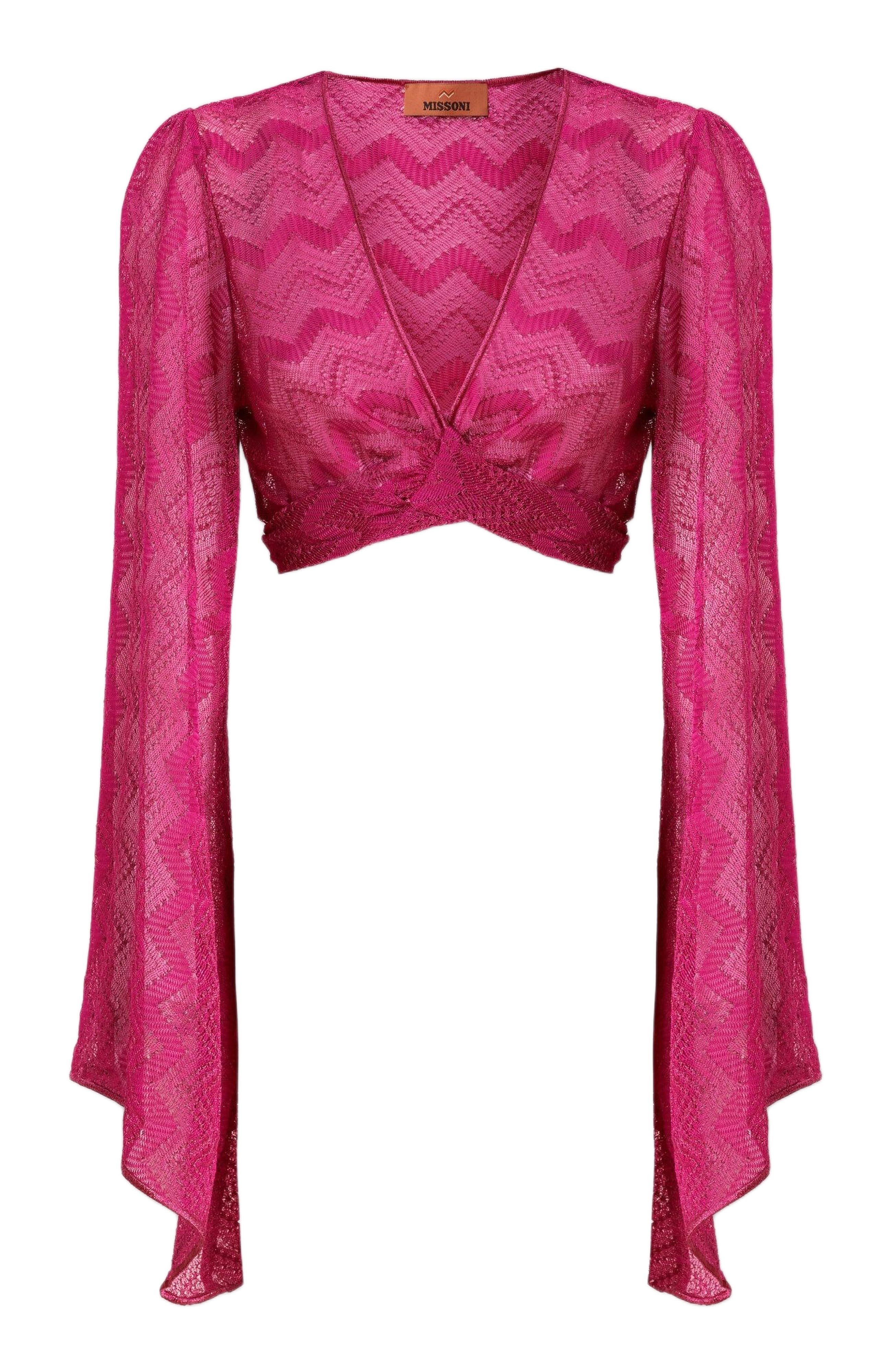 Missoni Crop Top With Wide Sleeves And Front Knot In Zig Zag Lamé Viscose in Purple at Nordstrom - 6