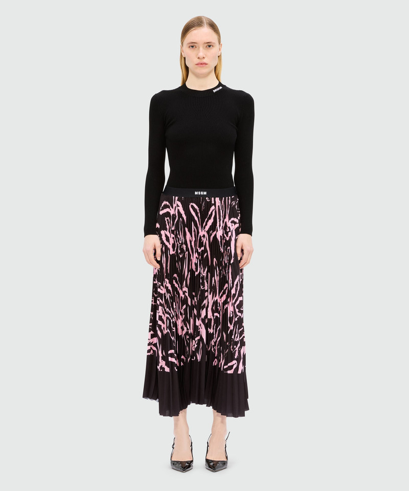MSGM Black pleated midi skirt with "Sketched Bunnies" print outlook