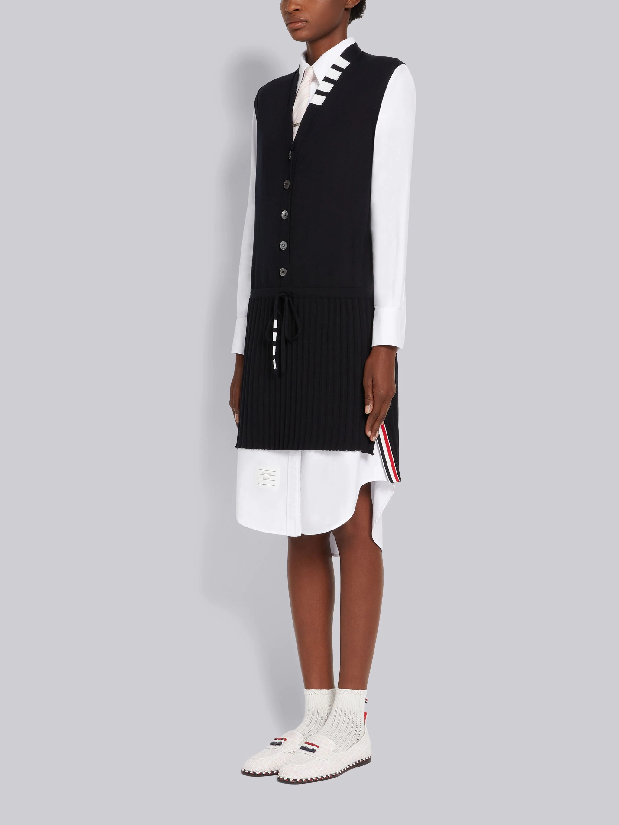 Navy Stretch Silk Cotton Jersey 4-Bar Trim Pleated Bottom Mini Vest Dress - 2