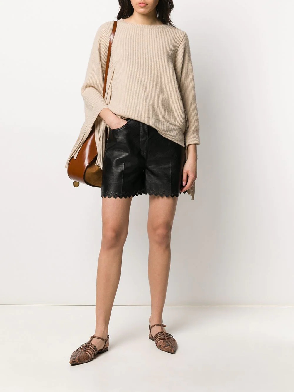 leather-effect scalloped shorts - 2