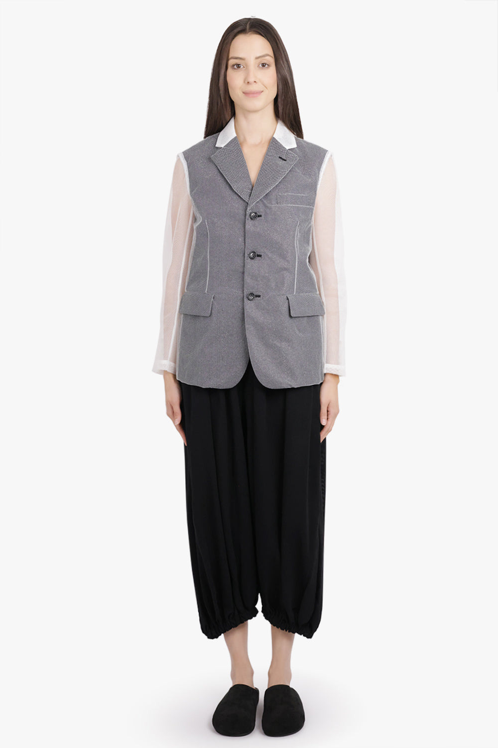 TULLE OVERLAY TAILORED JACKET WITH SHEER SLEEVES | BLACK/SILVER/WHITE - 4