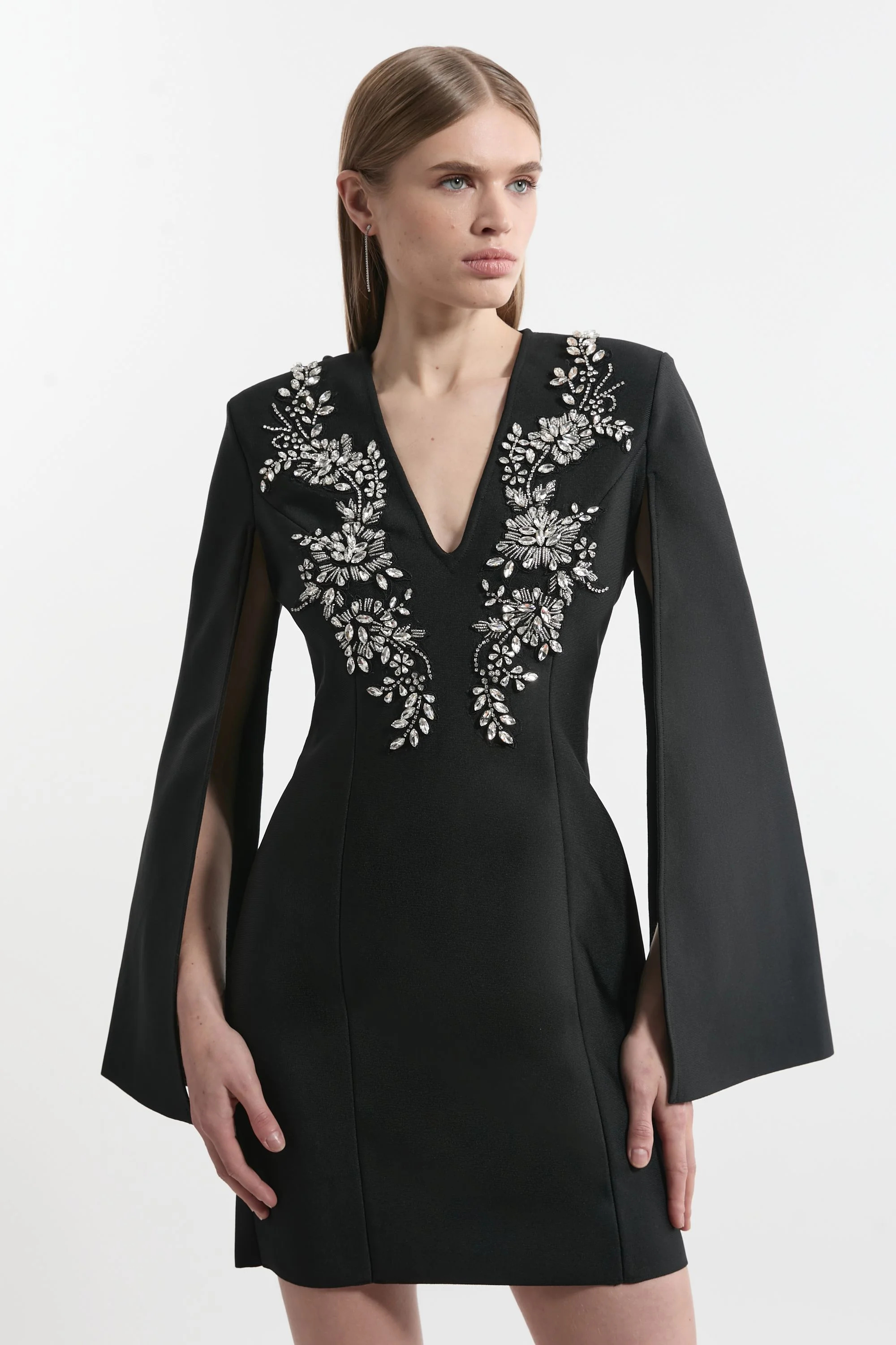 Bandage Form Fitting Cape Sleeve Embellished Mini Dress - 1