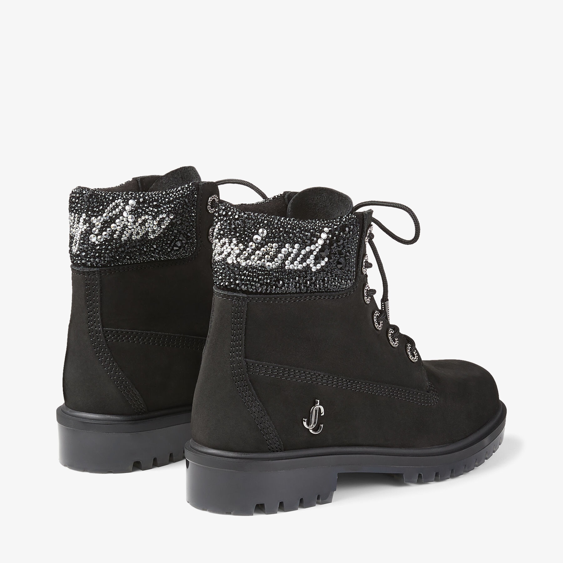 JIMMY CHOO X TIMBERLAND 6 INCH CRYSTAL CUFF BOOT
Black Timberland Nubuck Ankle Boots with Crystal Lo - 6