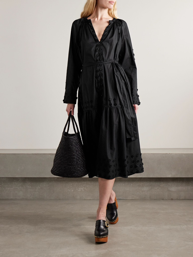 ULLA JOHNSON Emera belted appliquéd cotton-voile midi dress Black outlook