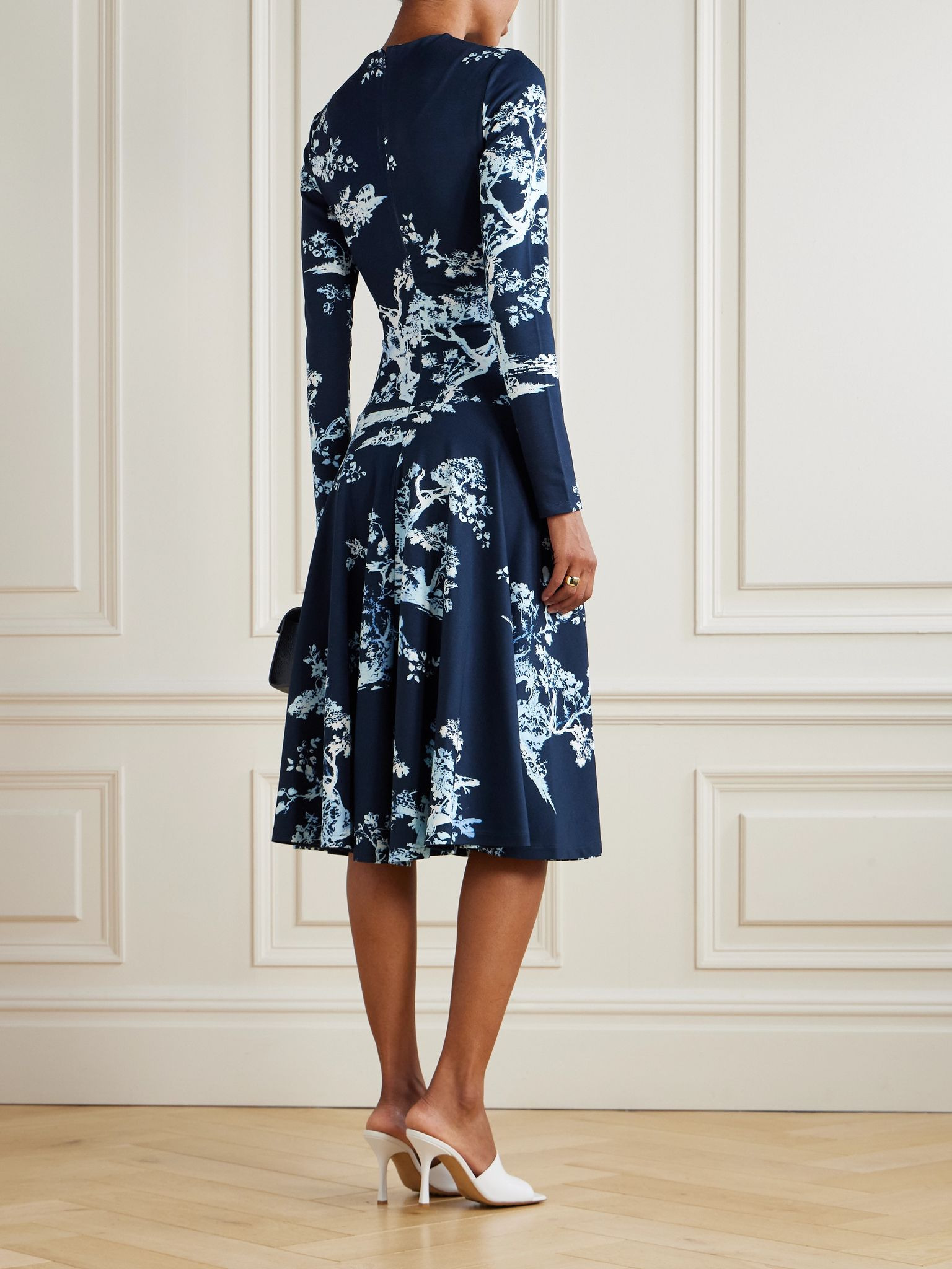 Gathered printed ponte midi dress Navy - 3