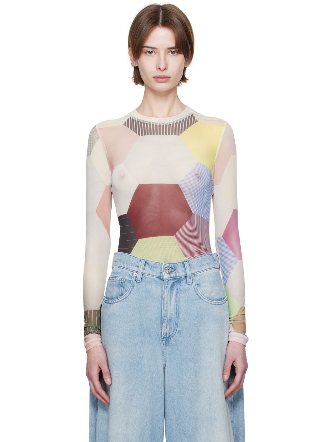 Multicolor Patchwork Print Sheer Long Sleeve T-shirt - 1