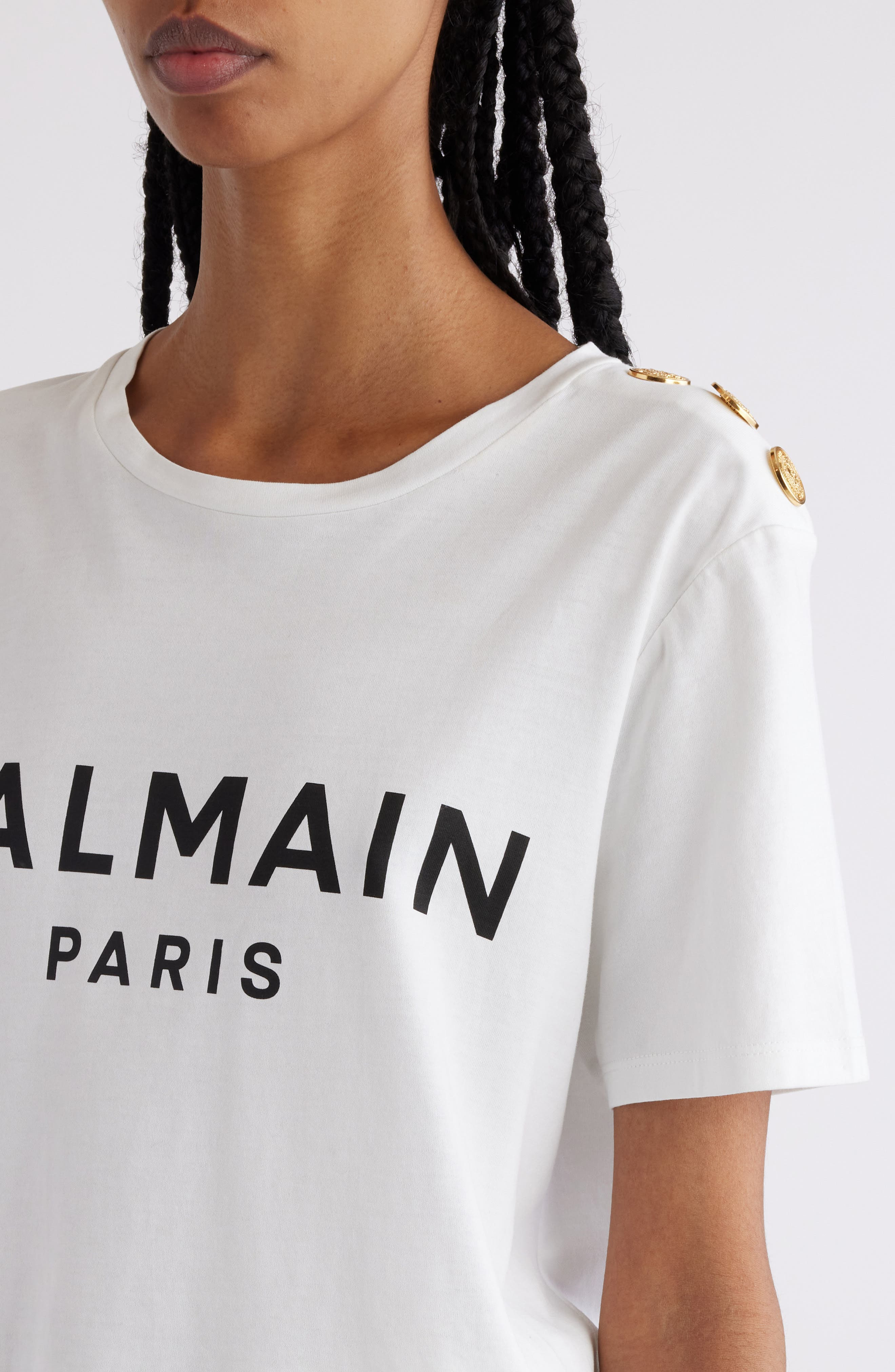 Balmain Button Shoulder Cotton Logo Graphic T-Shirt in Gab White/Black at Nordstrom - 5