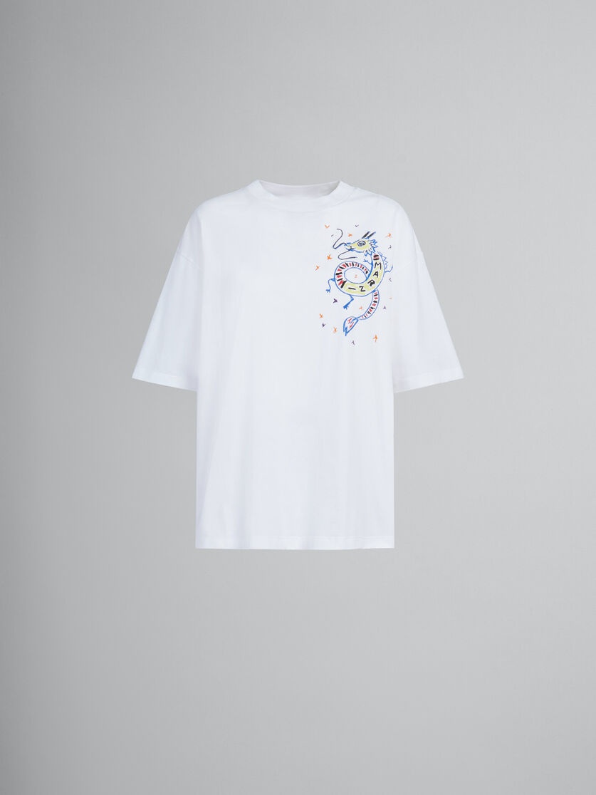 WHITE ORGANIC JERSEY T-SHIRT WITH DRAGON PRINT - 1