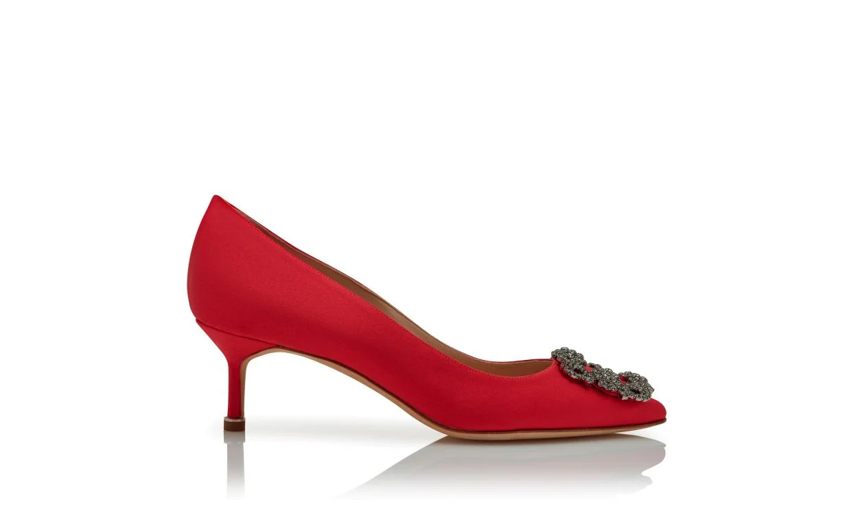 Red Satin Jewel Buckle Pumps - 1