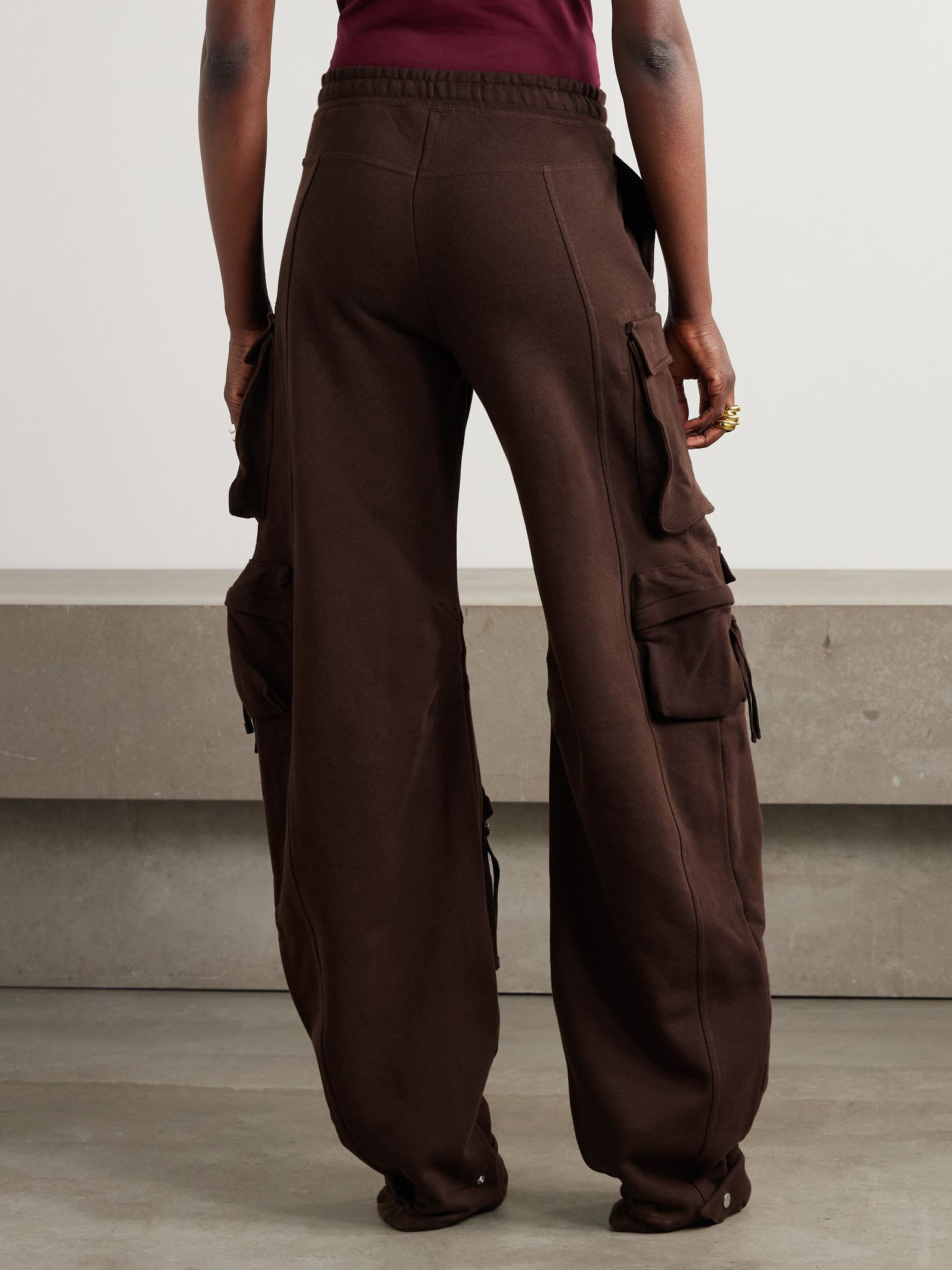 Appliquéd stretch-cotton jersey wide-leg cargo pants Brown - 4