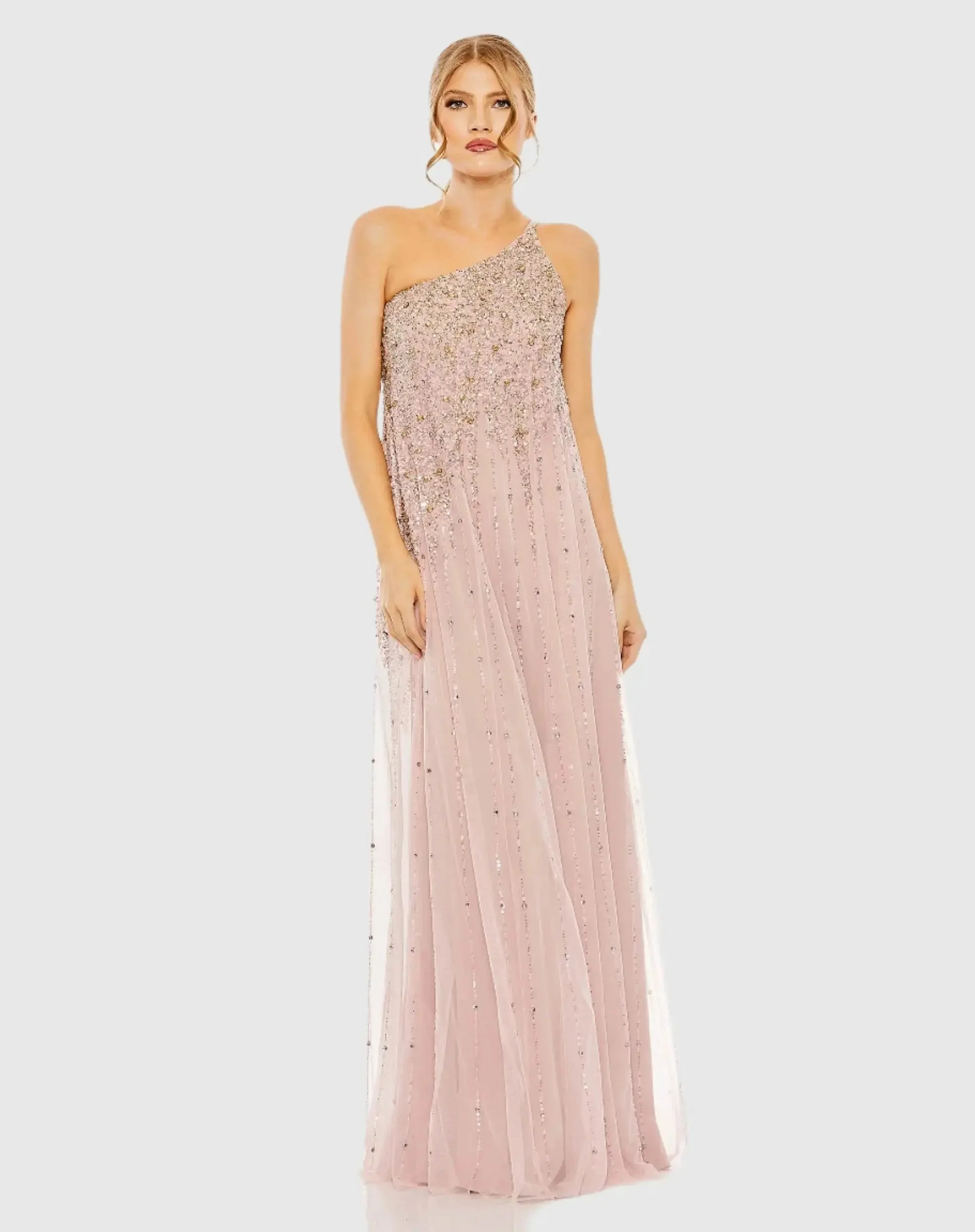 Porcelain Gold One Shoulder Embellished Trapeze Gown - 1