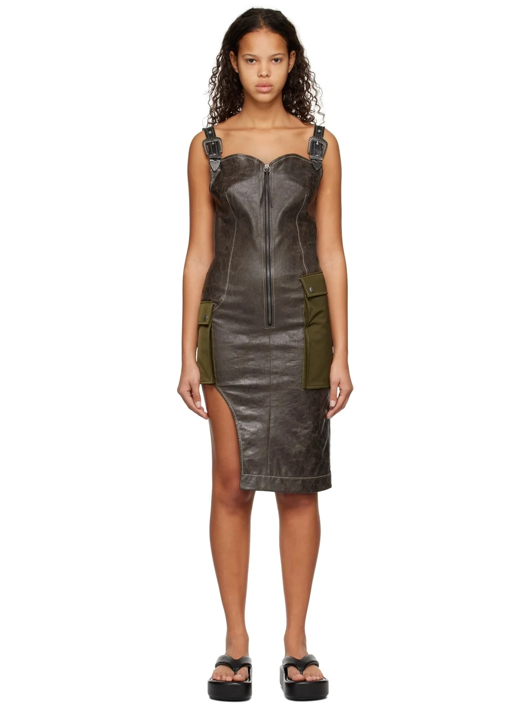 Khaki Sadie Faux-Leather Midi Dress - 1
