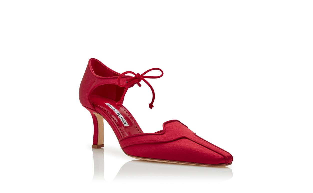 Red Satin Ankle Strap Pumps - 3