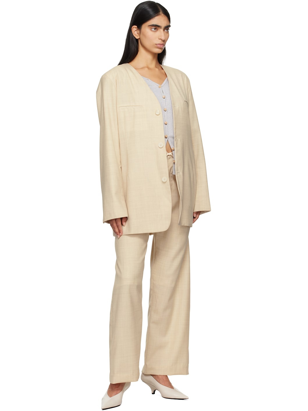 Beige Fine Lana Blazer - 4