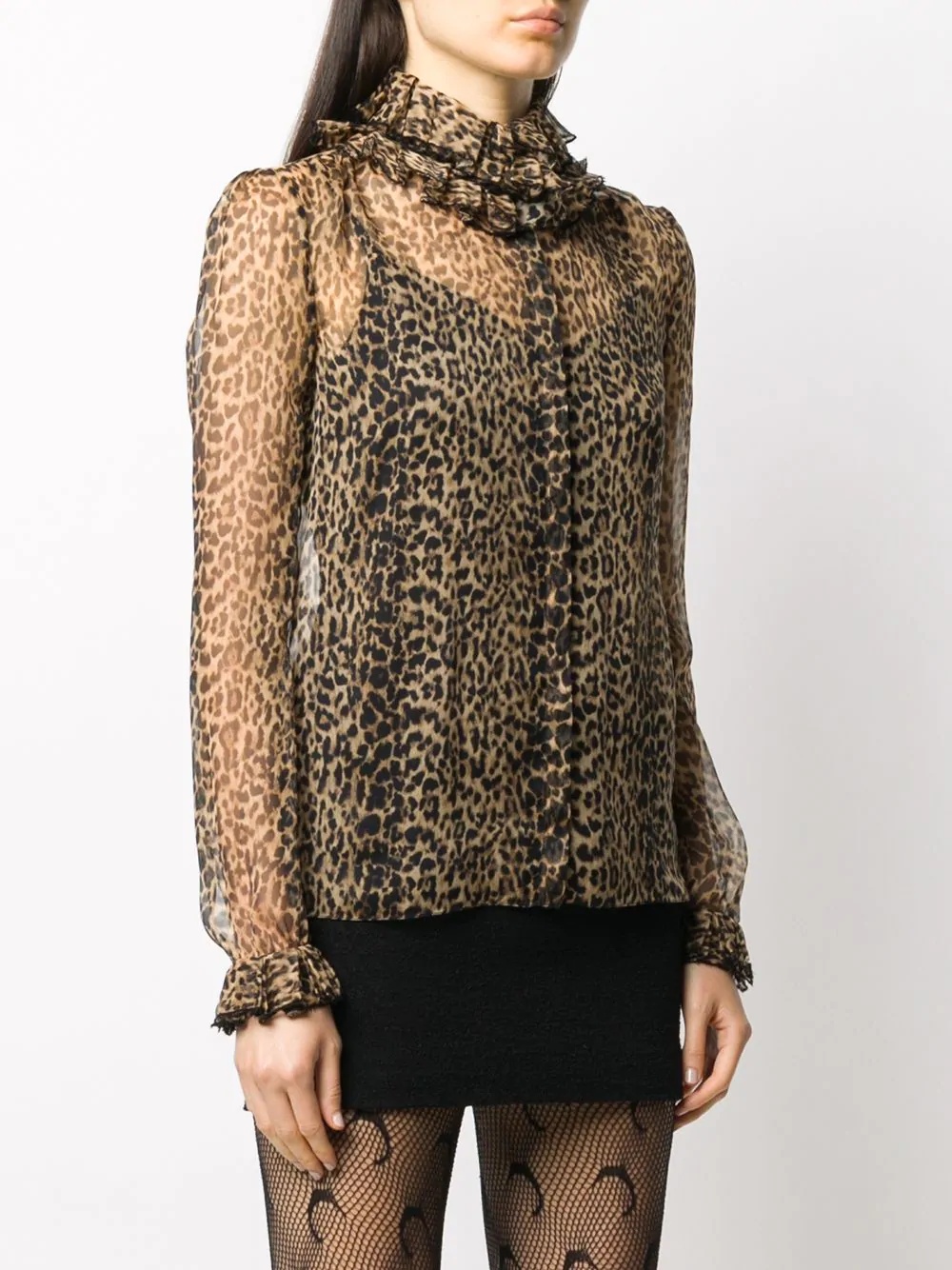 leopard print ruffle neck silk blouse - 3