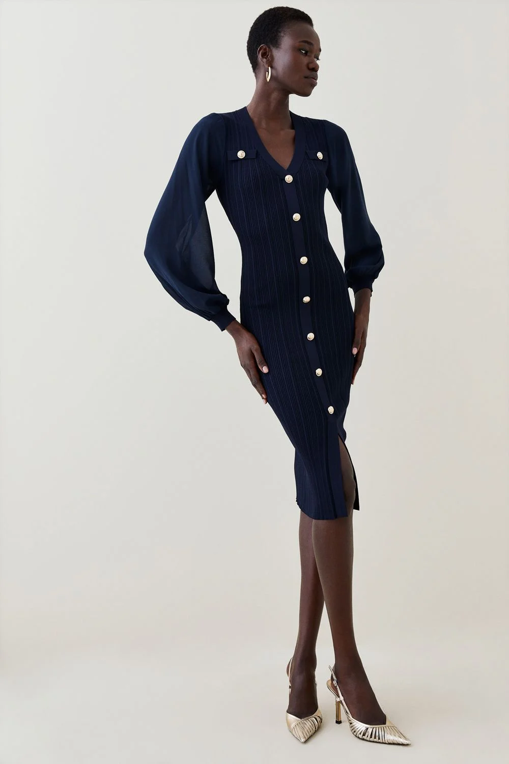 Petite Forever Viscose Blend Rib Knit Chiffon Sleeve Midi Dress - 1