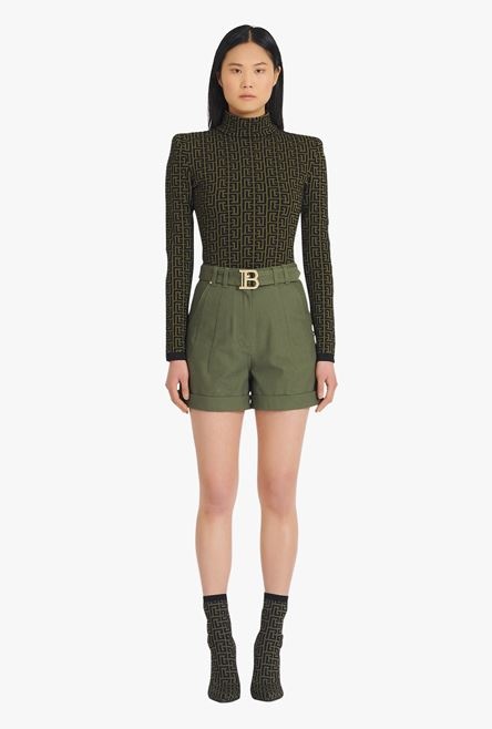 Khaki denim high-waisted shorts with Balmain buckle - 4