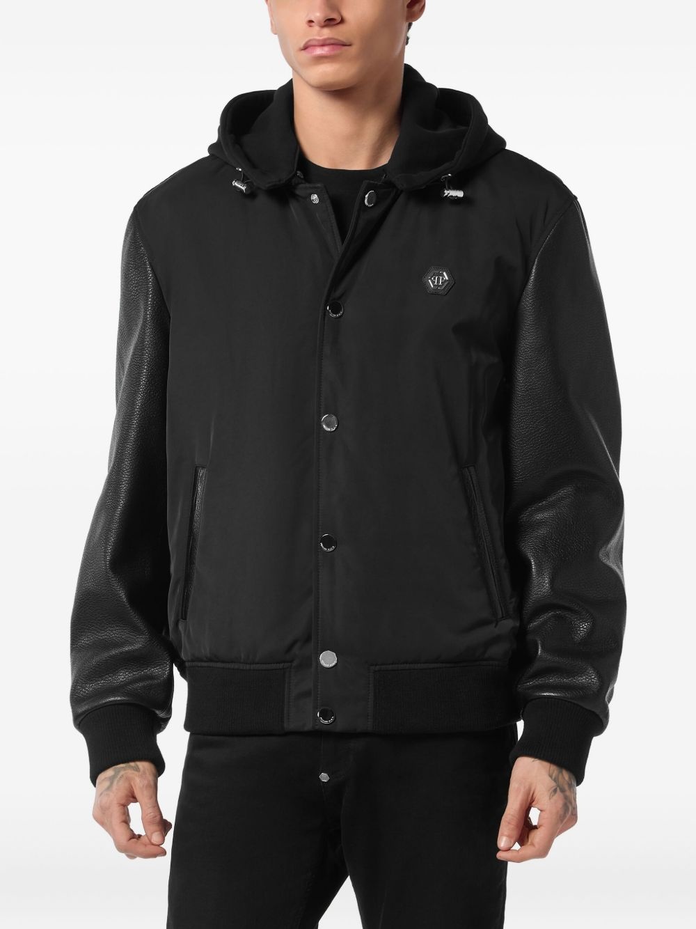 leather-sleeve hooded bomber jacket - 2