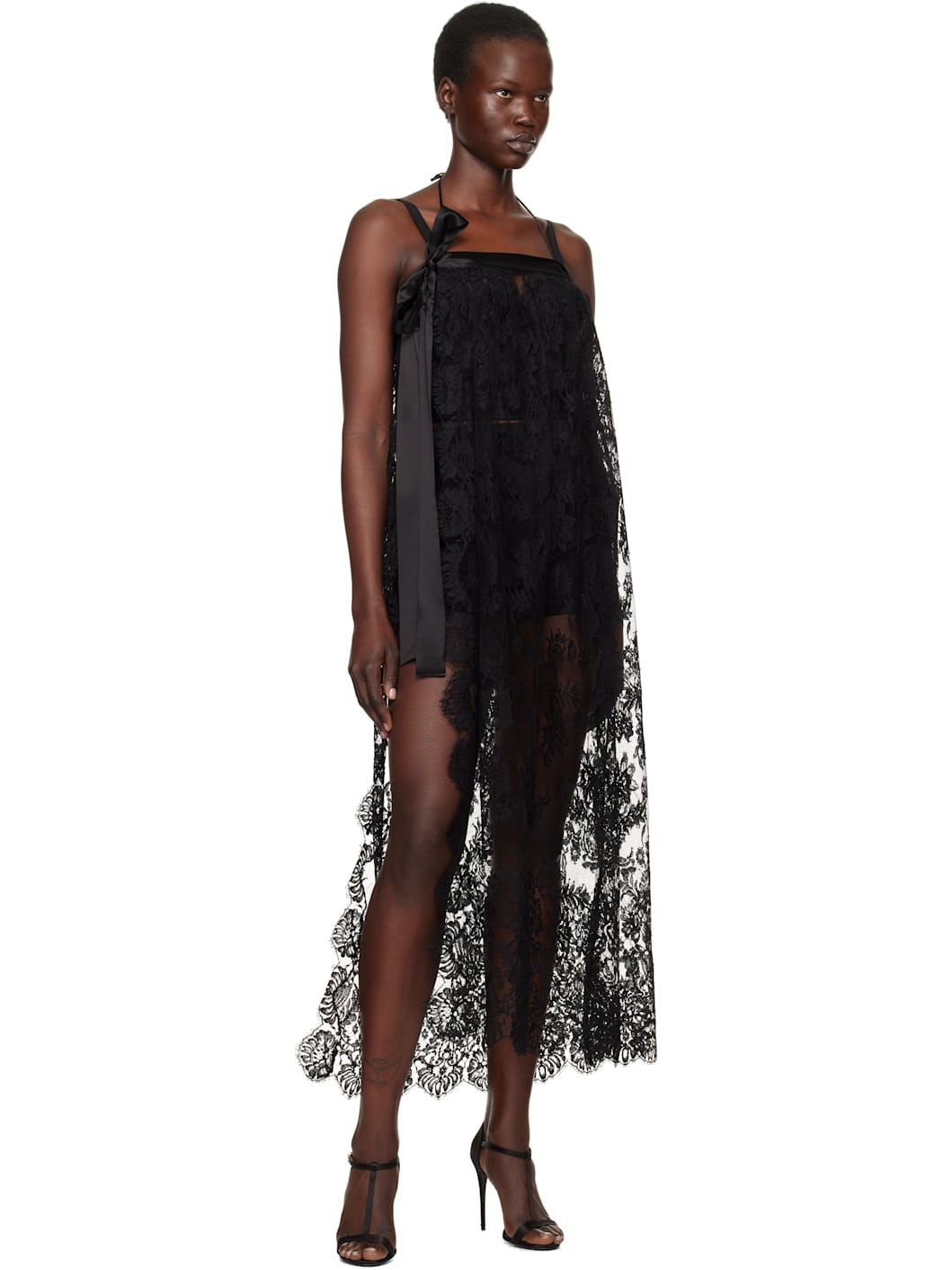 Black Calf-Length Chantilly Lace Midi Dress - 5