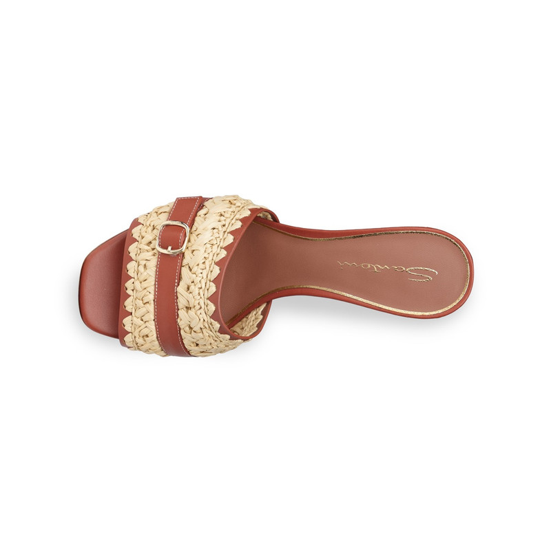 Women's brown leather and raffia mid-heel sandal 3