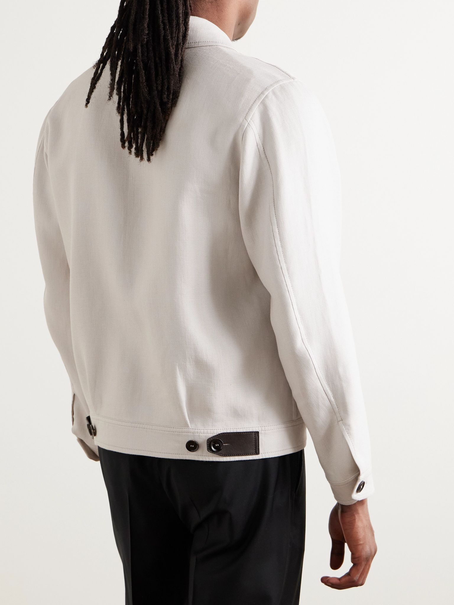 Leather-Trimmed Linen-Blend Bomber Jacket Beige - 3