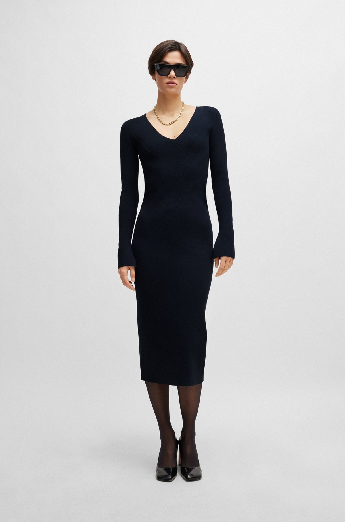 LONG-SLEEVED KNITTED DRESS WITH RIBBED STRUCTURE AND V NECKLINE - 3