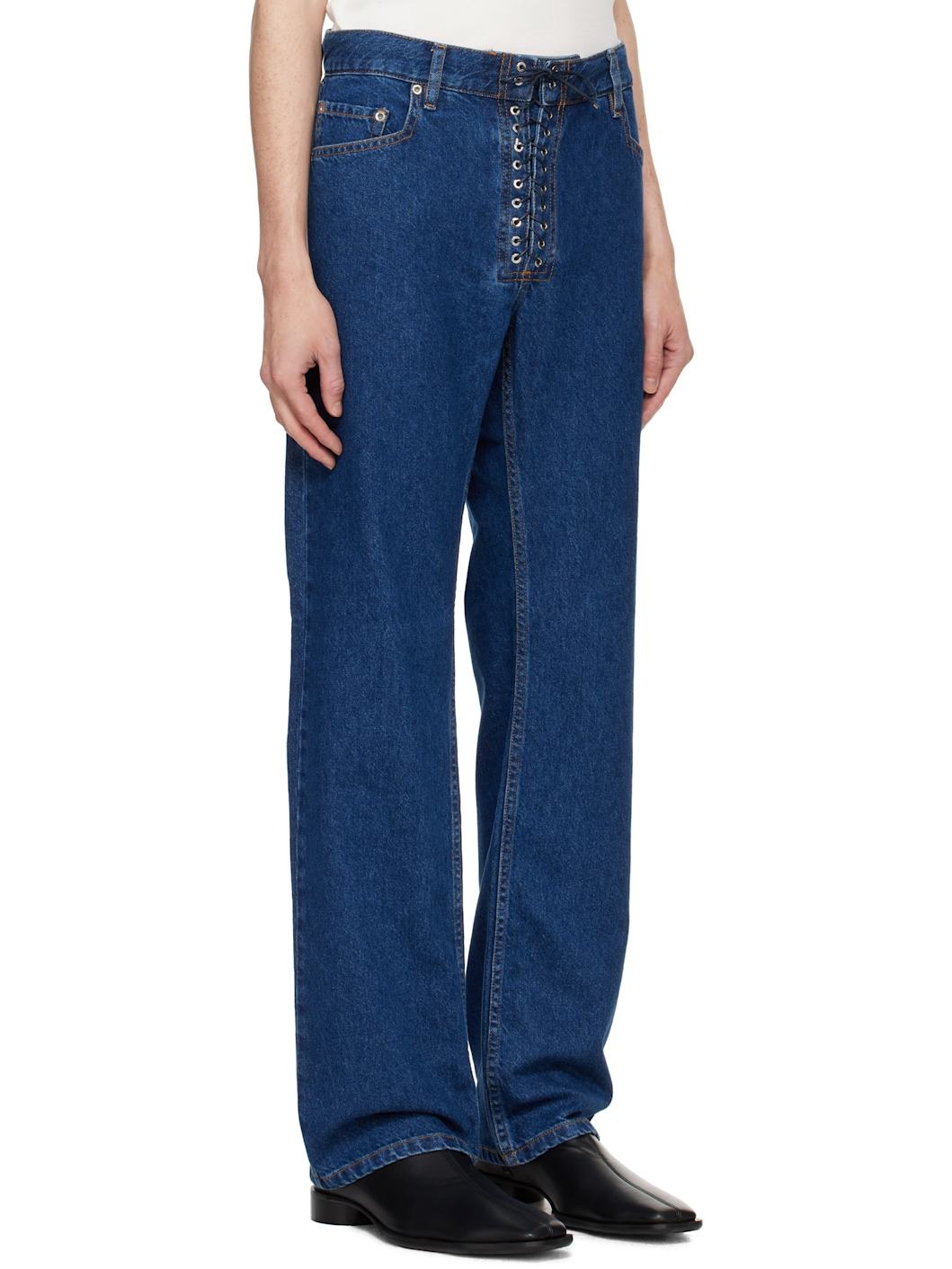 Blue Straight Legs Lace Up Jeans - 2