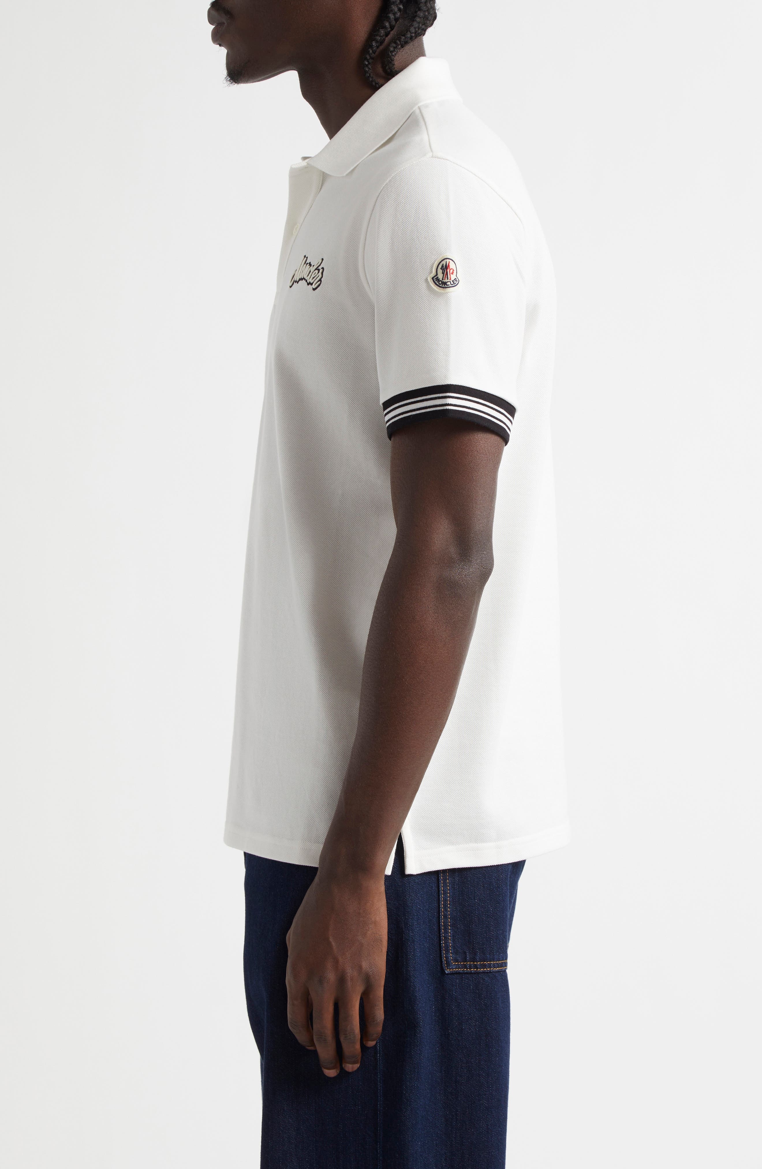 Moncler Logo Embroidered Cotton Polo in Silk White at Nordstrom - 3