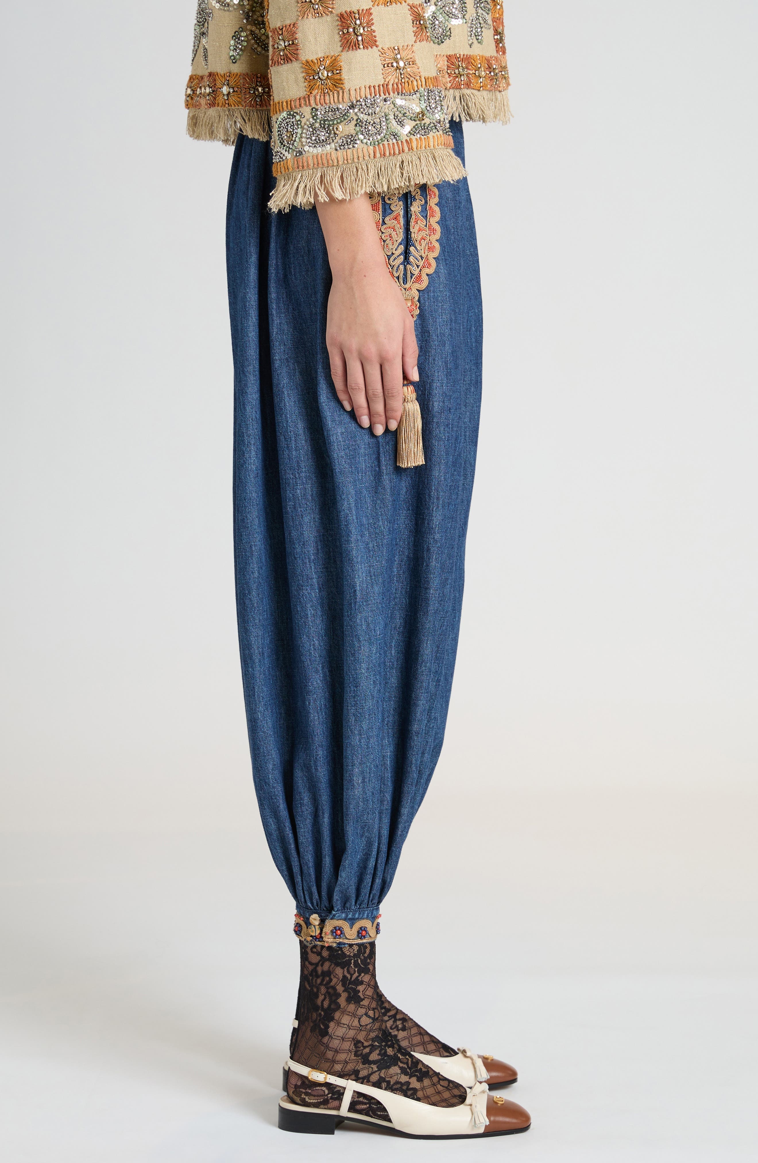 Valentino Garavani Embellished Crop Chambray Balloon Pants in Medium Blue Denim at Nordstrom - 4