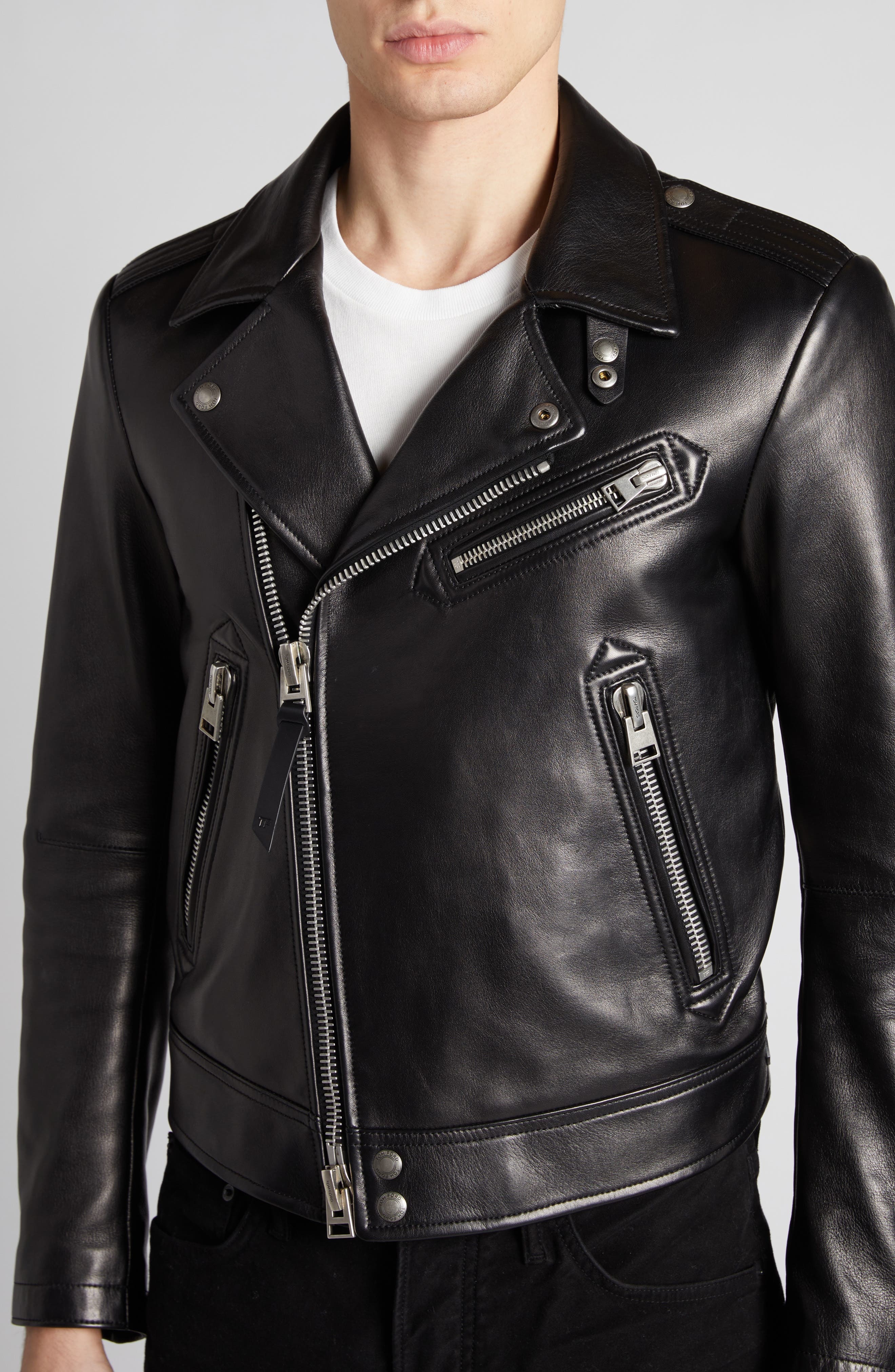 Quilted Lining Lambskin Leather Biker Jacket - 5
