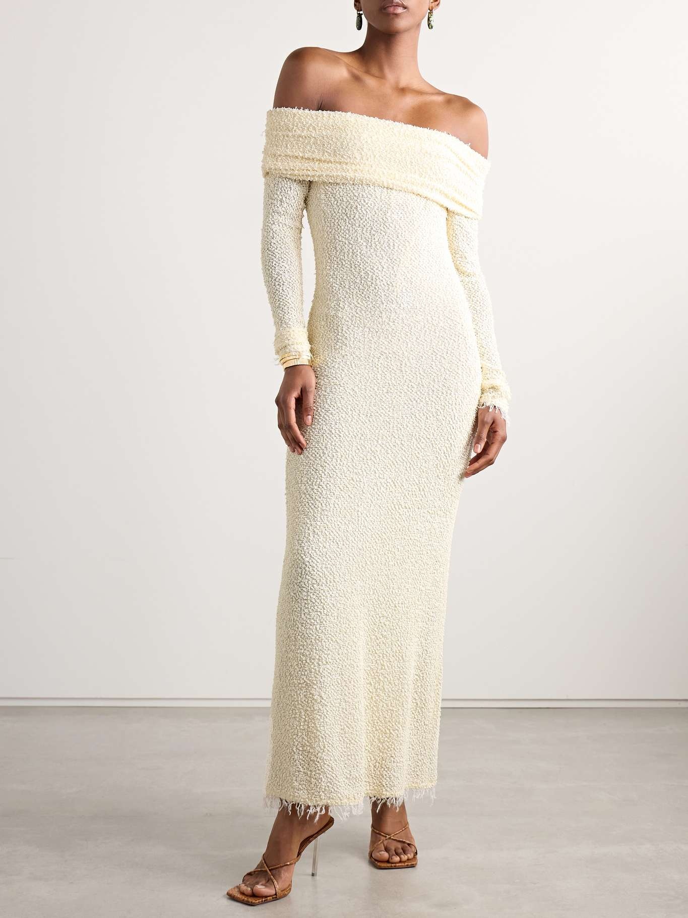 Ormany frayed off-the-shoulder bouclé maxi dress Ecru - 3