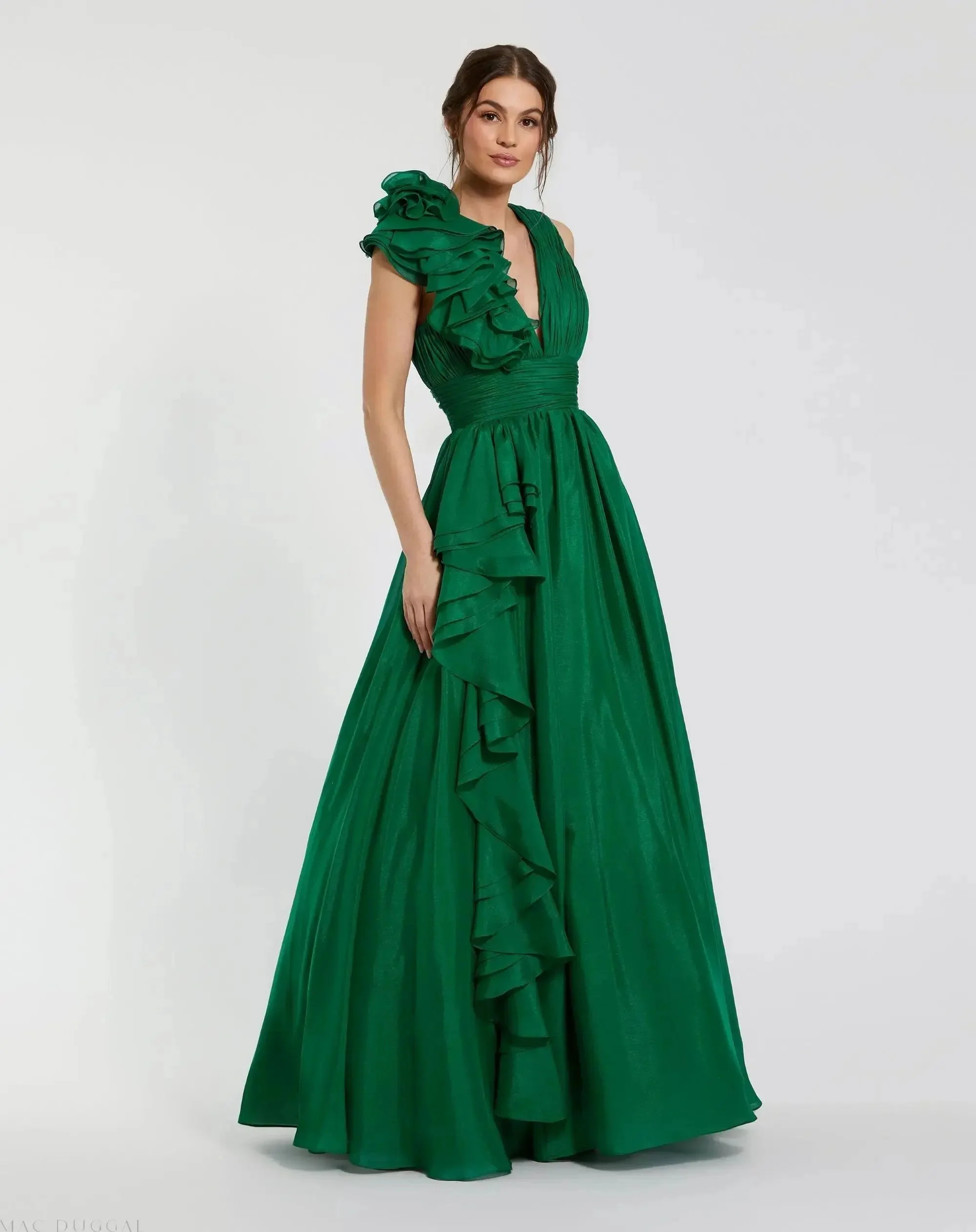 Emerald Green Ruffle Shoulder V-Neck Chiffon Gown - 1