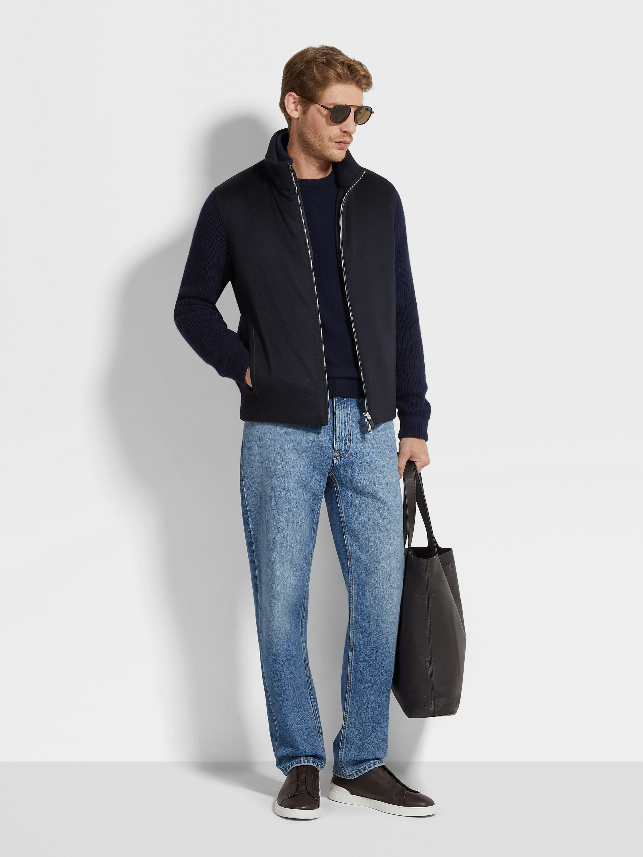 NAVY BLUE OASI CASHMERE FULL ZIP CARDIGAN - 3