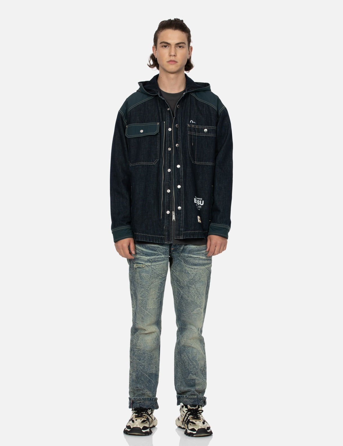 Logo Print Loose Fit Hooded Denim Shirt Jacket - 5