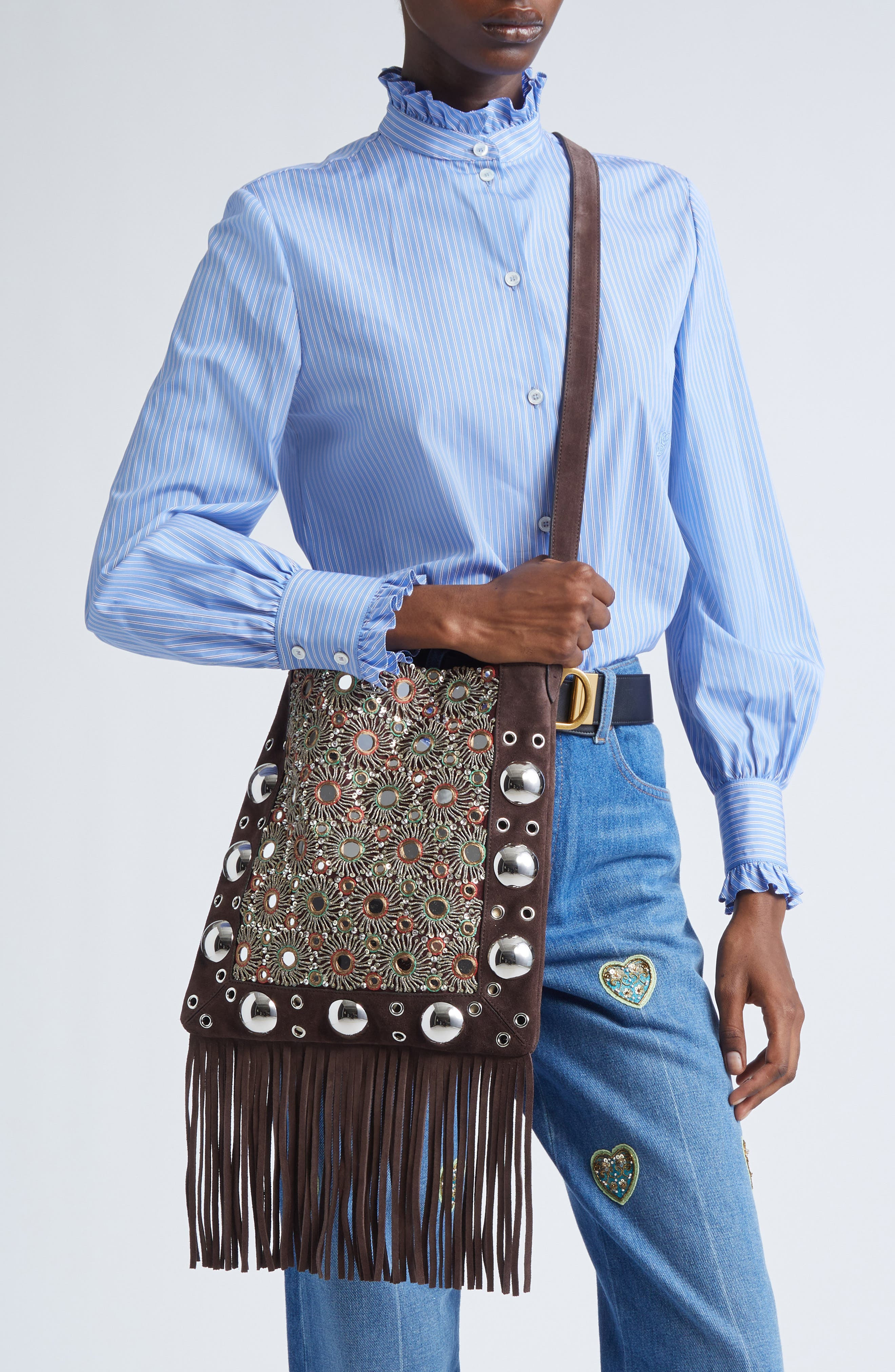 Valentino Garavani Medium Nellcôte Fringed Studded Suede Shoulder Bag in Multicolor/Testa Di Moro at - 2