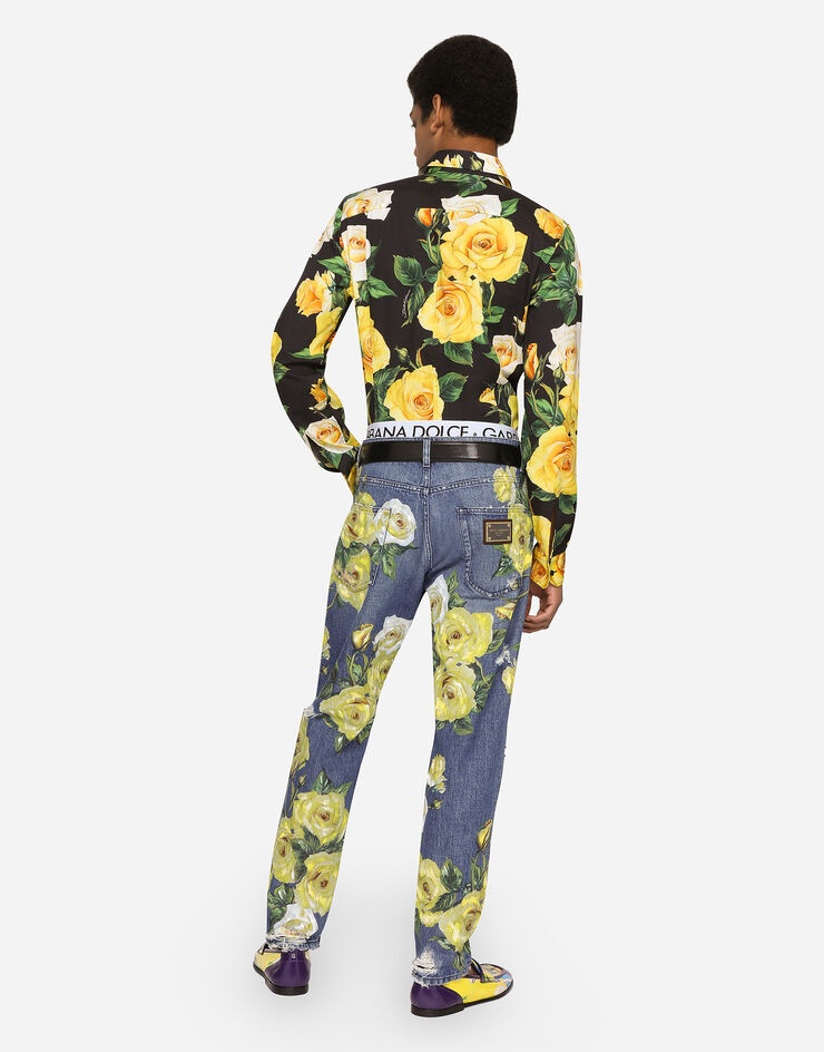 Loose blue denim jeans with all-over rose print - 3