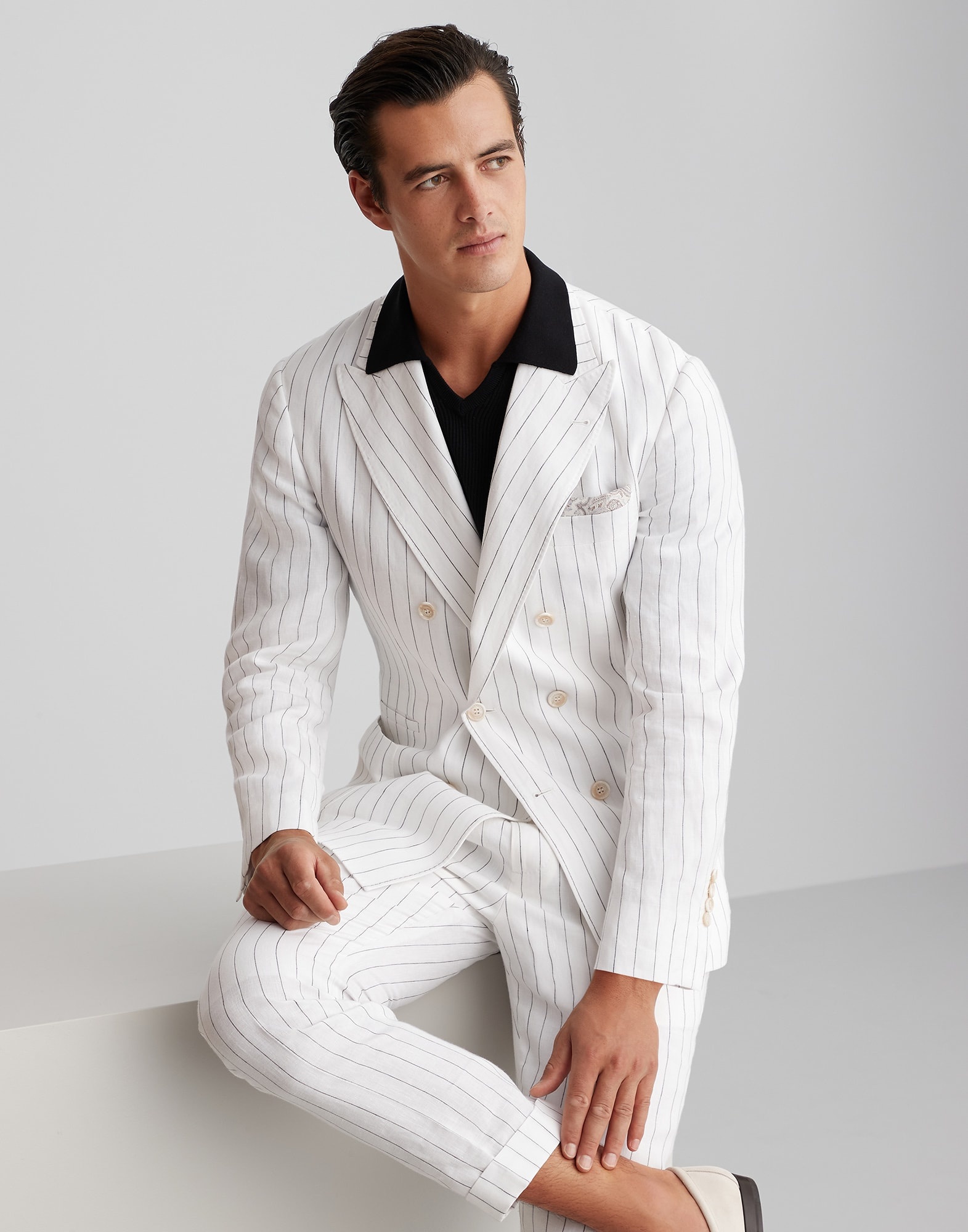 Linen chalk stripe one-and-a-half breasted deconstructed blazer with patch pockets - 4